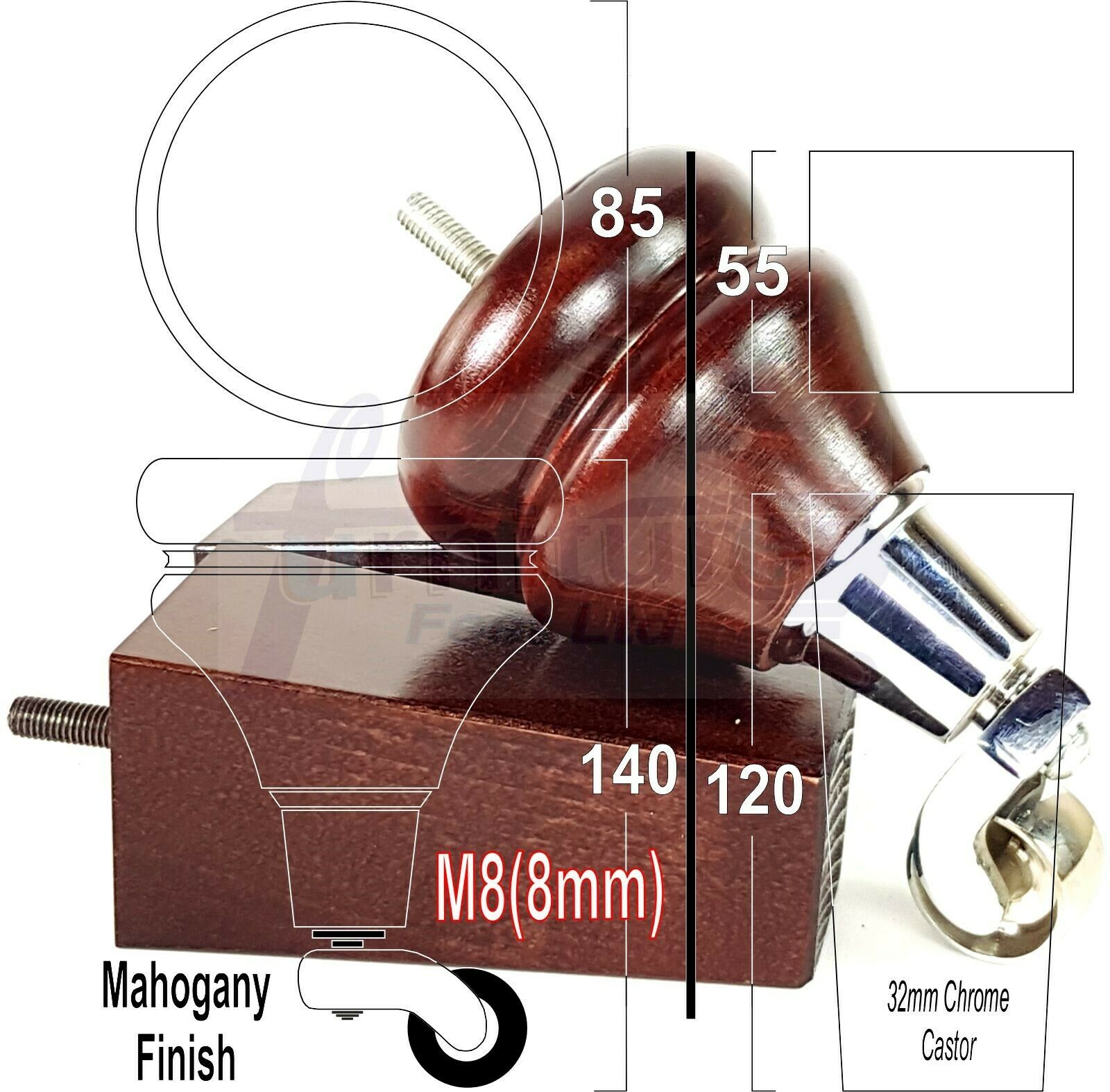 Turned Wood Furniture Feet 2 With Castors 140mm & 2 Curved Back Legs Sofas Chairs Cabinets Beds M8