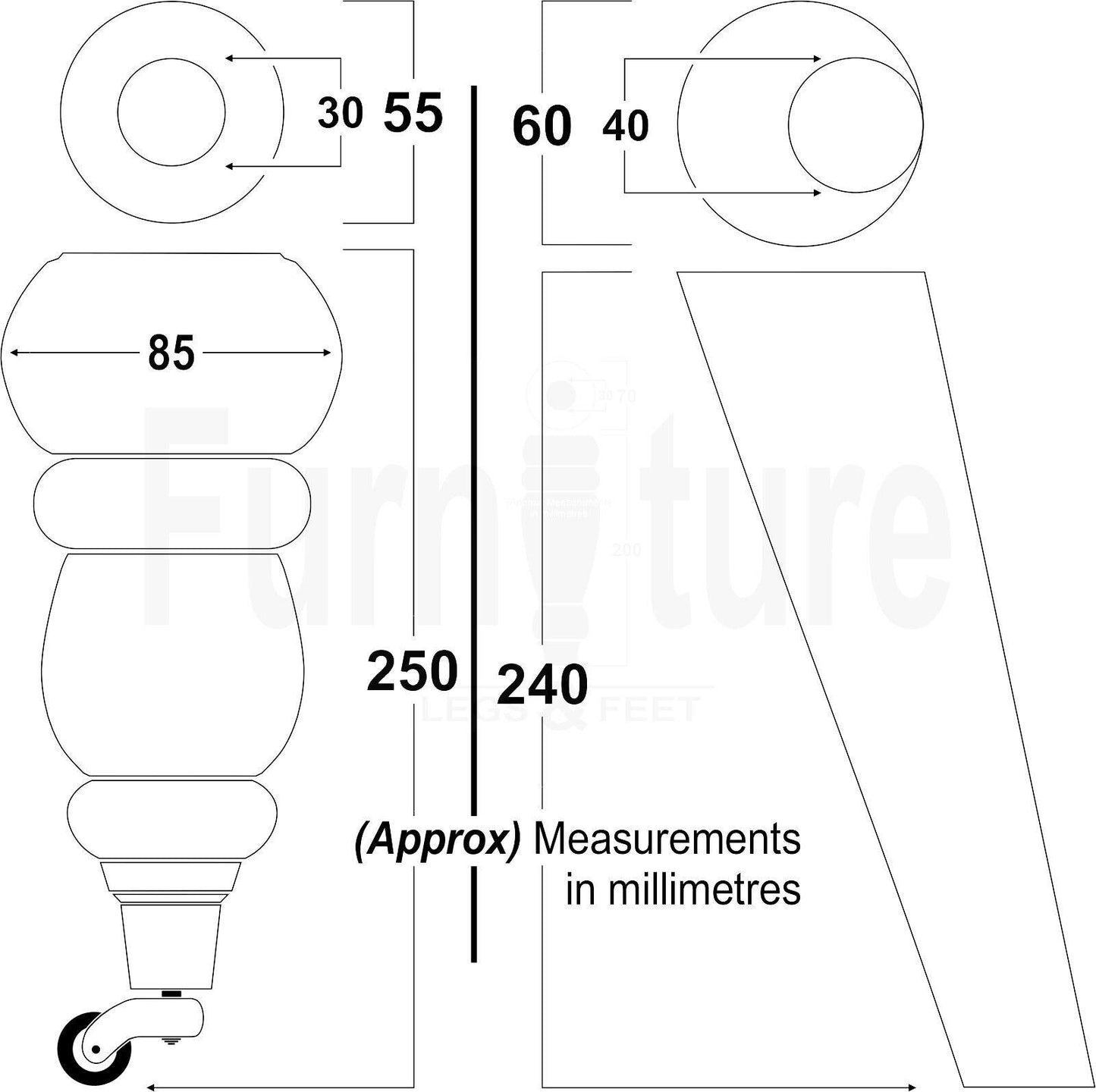 4x Turned Solid Wood Furniture Legs Replacement Feet 250mm High 8mm Thread