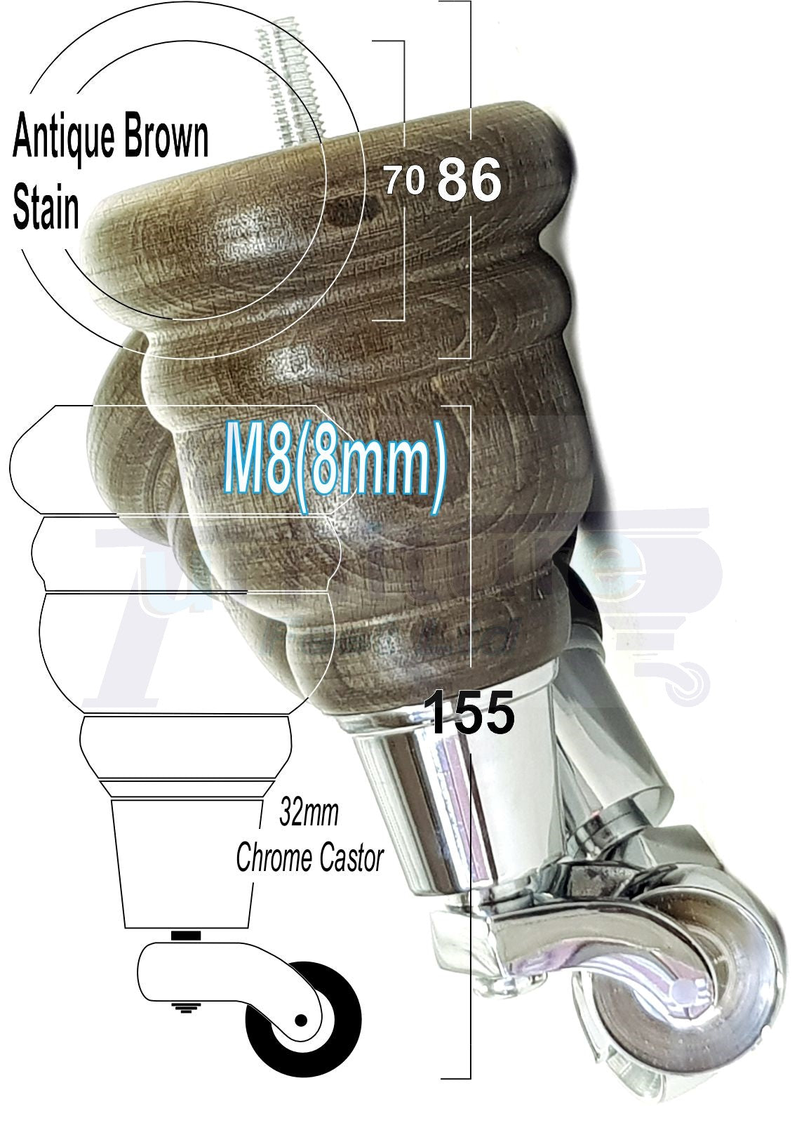 4 Turned Wood Furniture Feet With Chrome Castors 155mm Legs Sofas Chairs Stools Cabinets Beds M8 6 Inches