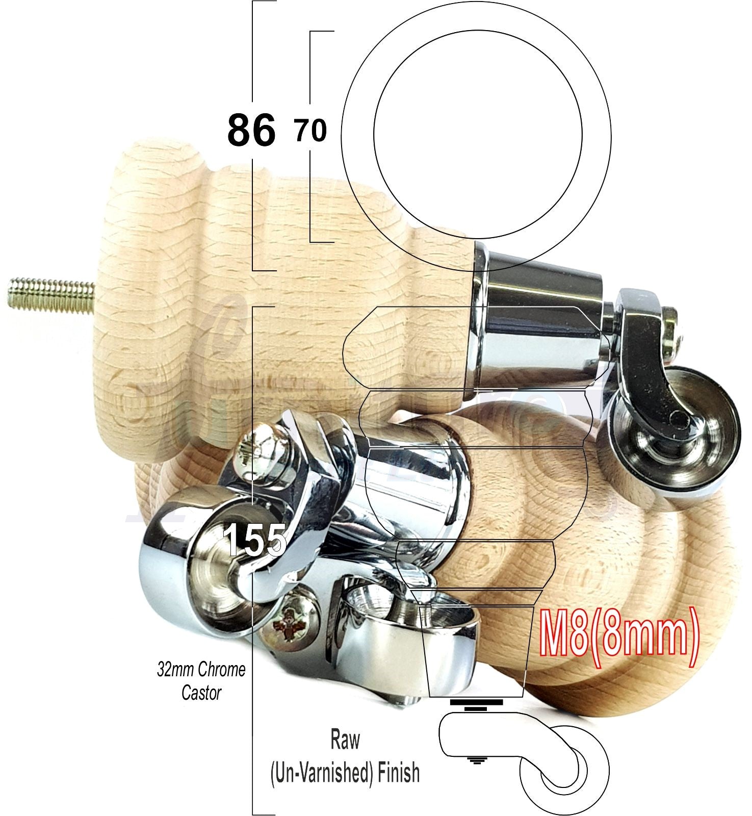 4 Turned Wood Furniture Feet With Chrome Castors 155mm Legs Sofas Chairs Stools Cabinets Beds M8 6 Inches