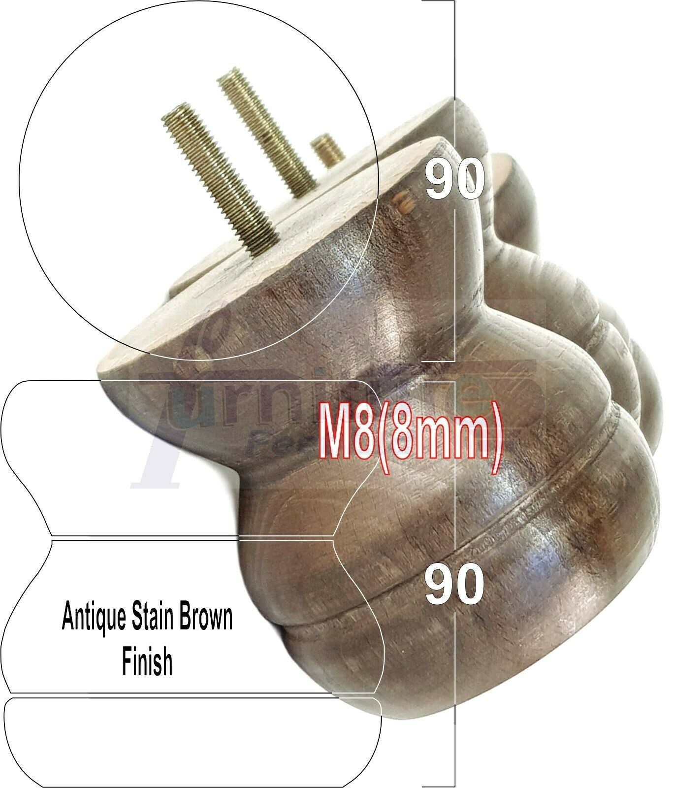 4x Turned Solid Wood Furniture Legs Replacement Bun Feet 90mm High 8mm Thread
