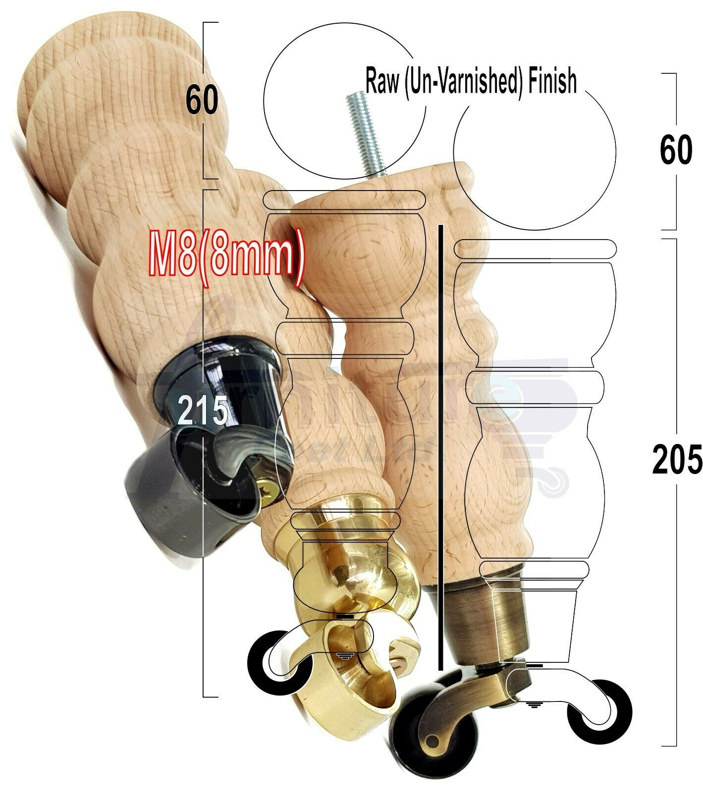 4x Furniture Feet With Castor 205mm High Legs Raw Wood M8 Sofas Chairs Stools Cabinets 8 Inches Tall