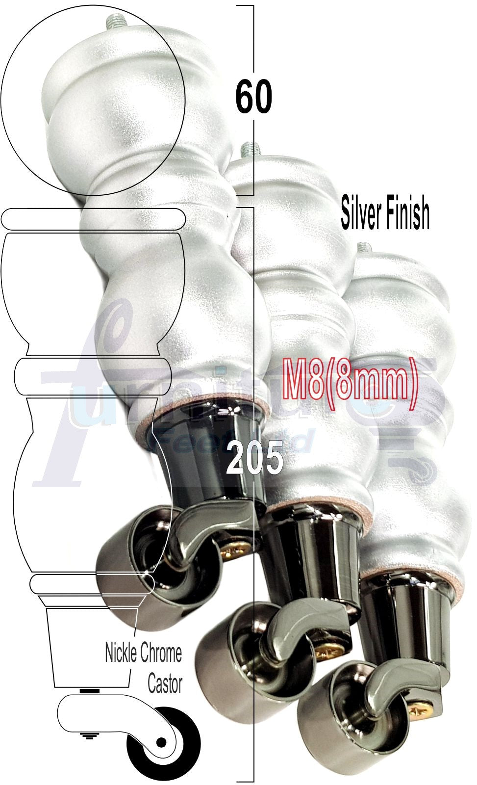 4x Furniture Feet With Castor 205mm High Legs Silver Wood M8 Sofas Chairs Stools Cabinets 8 Inches Tall