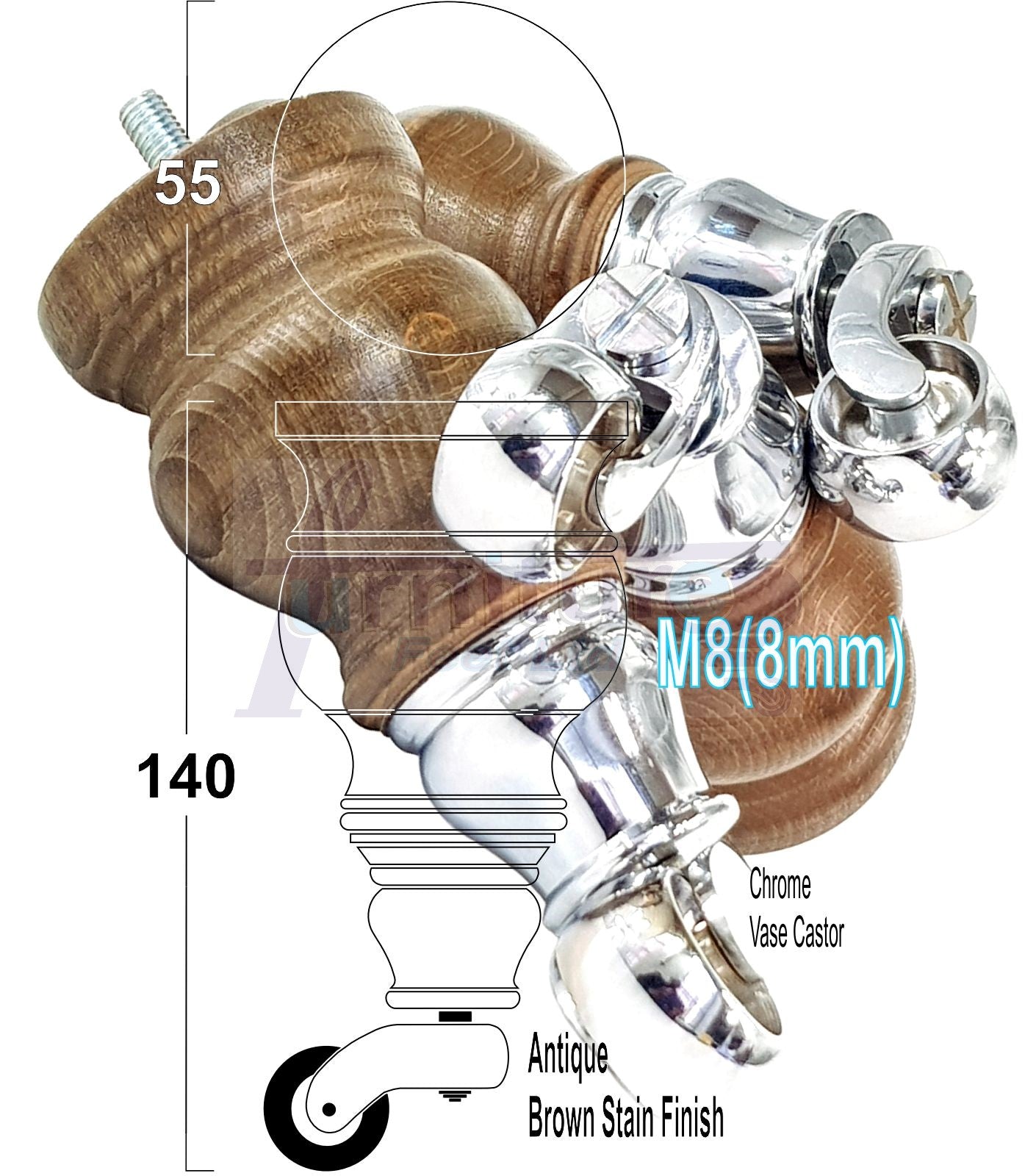 Set Of 4 Turned Wood Furniture Legs With 150mm High Castor 8mm Thread For Chairs Settees & Cabinets Antique Brown Stain