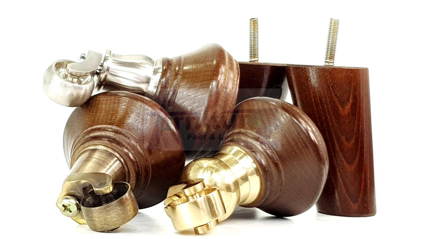 2 Antique Brown Wood Furniture Sofa Legs With Castor 125mm & 2 Angled Back Feet Chair Settee 100mm High M8