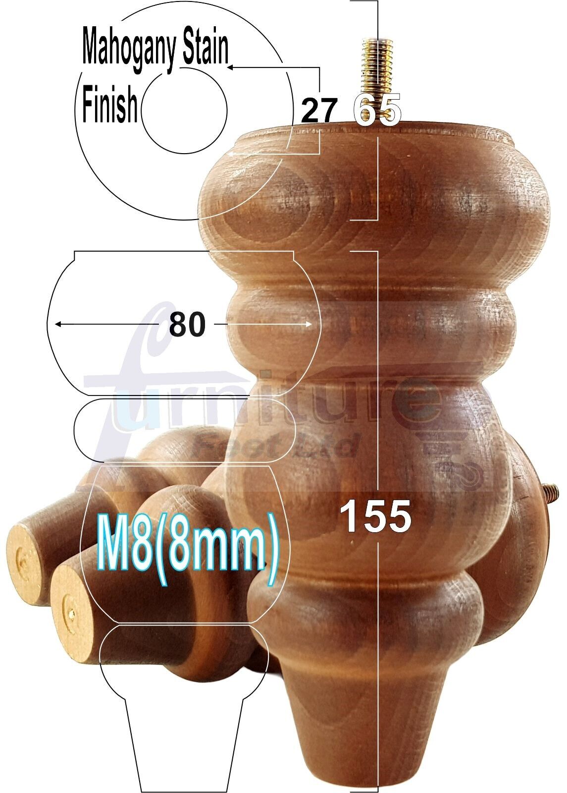 4 Solid Turned Wood Furniture Sofa Leg M8 Chair Settee Footstool Feet 155mm High