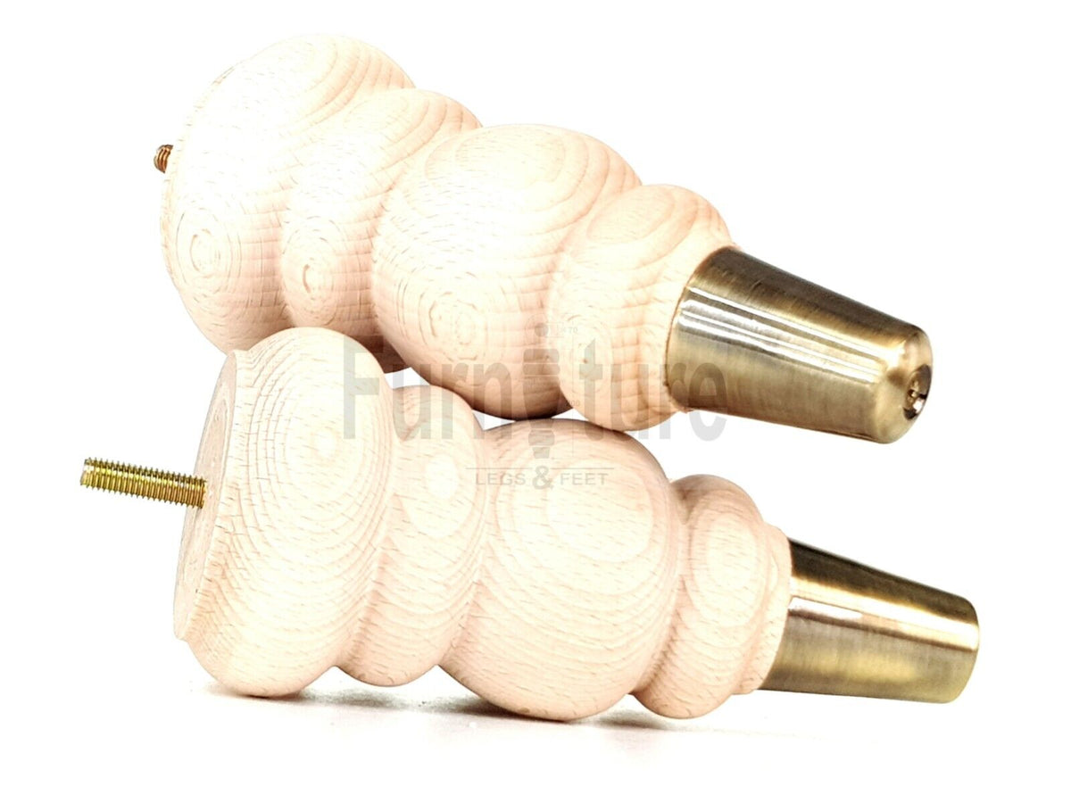 4x Round and Turned Wood Furniture Legs With Brass Slipper Cups Replacement Feet 185mm High 8mm Thread