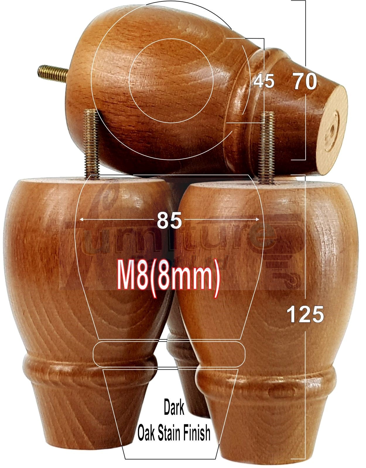 Set Of 4 Solid Wood Turned Replacement Furniture Legs 125mm High 8mm Thread