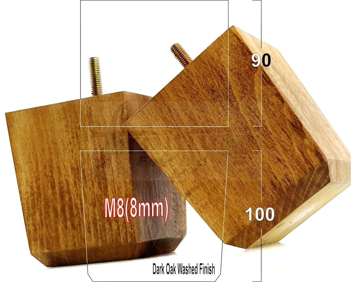 4x Solid Wood Square Furniture Legs Block Replacement Feet 100mm M8(8mm)