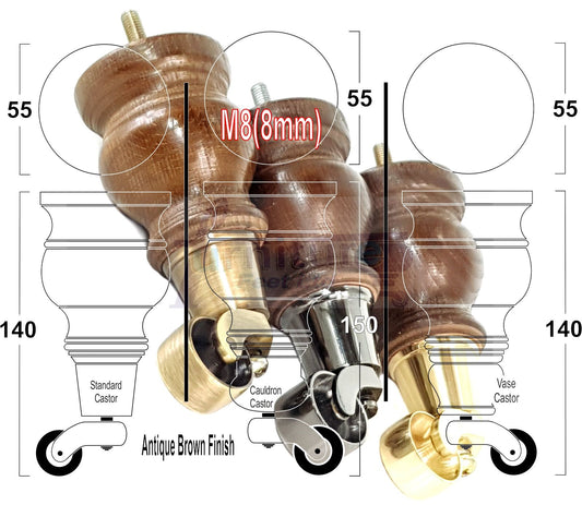 2x Turned Wood Furniture Feet With Brass Castors M8 Chair Sofa Settee Legs 150mm