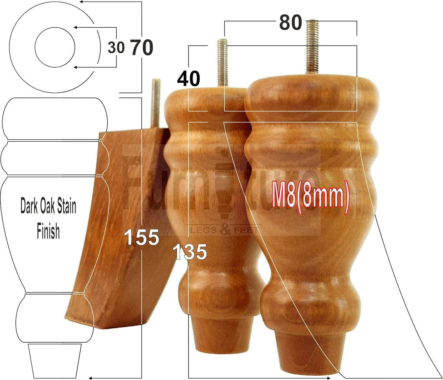 2x Turned Wood Furniture Feet 155mm and 2 Curved Back Legs Sofas Chairs Beds M8 Thread 6 Inches