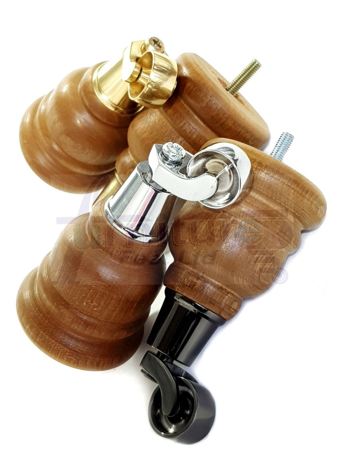 4 Turned Wood Dark Oak Stain Furniture Replacement Legs with Castors 155mm Legs M8 Fitting
