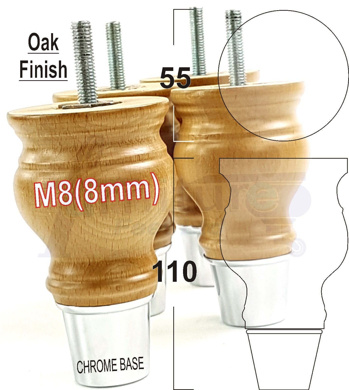 4x Turned Wood Furniture Feet M8(8mm) With Slipper Cup Chair Sofa Settee Legs 110mm