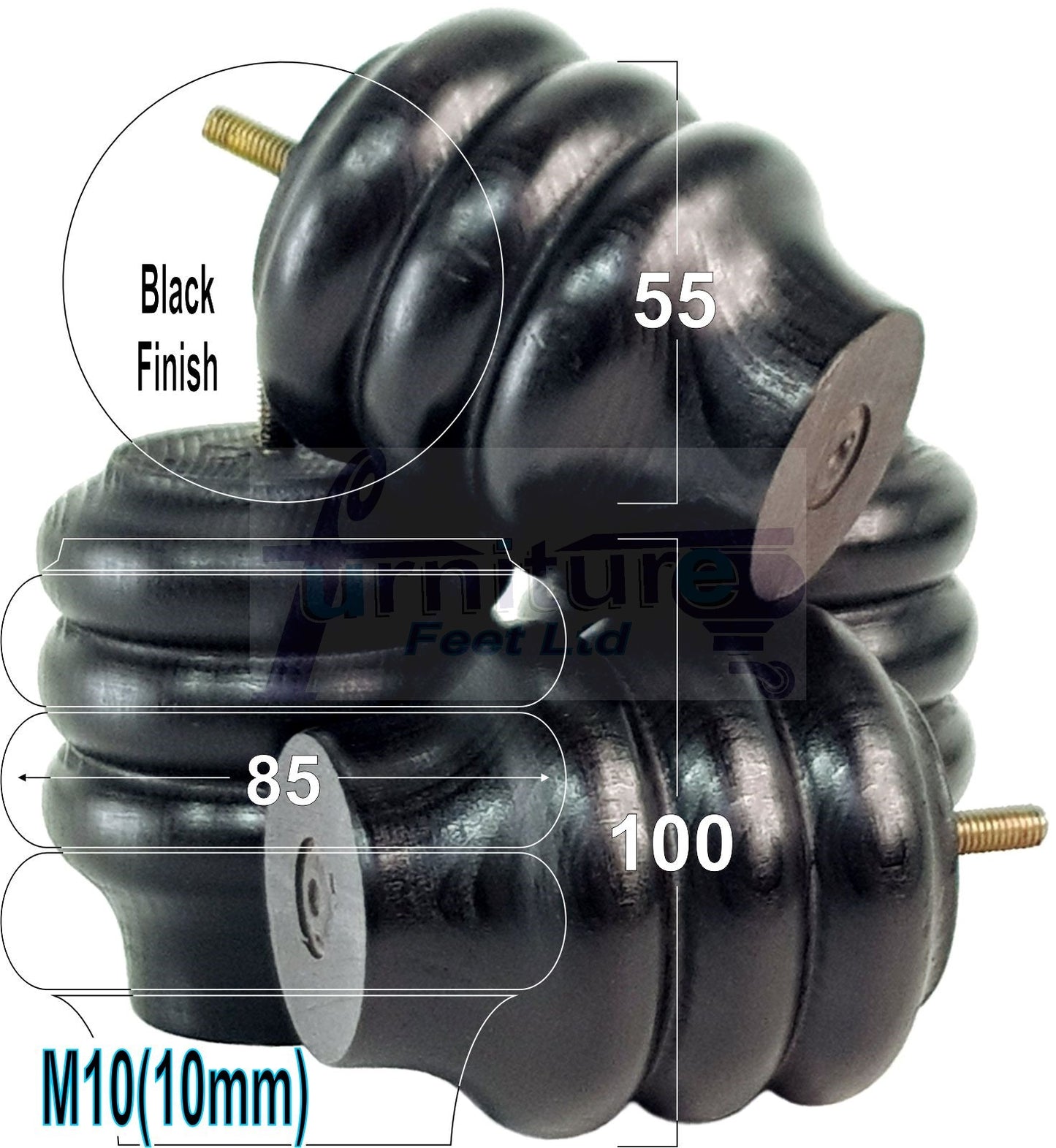 4 Solid Wood Turned Furniture Legs Replacement Bun Feet 100mm High 10mm Thread