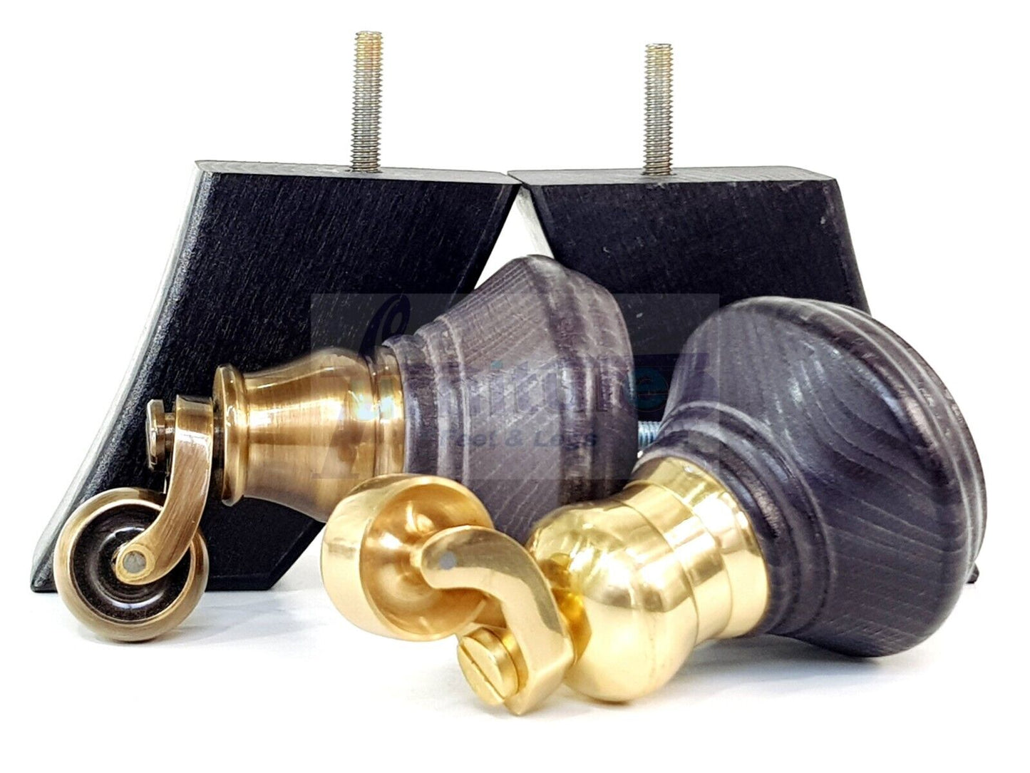 2 Black Stain Wood Furniture Sofa Feet With Castor 125mm & 2 Curved Legs Chair Settee 100mm High M8