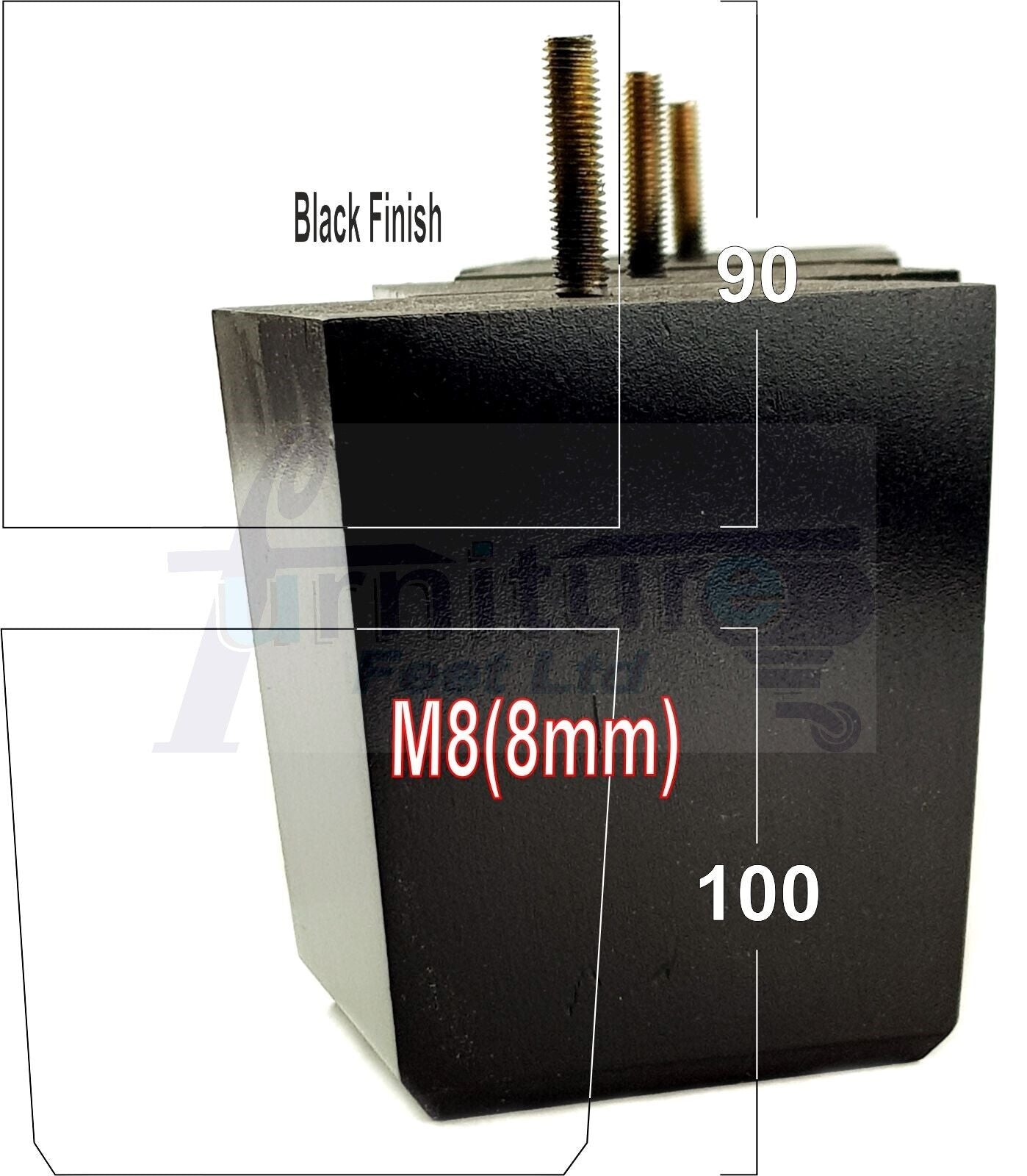 4x Solid Wood Square Furniture Legs Block Replacement Feet 100mm M8(8mm)