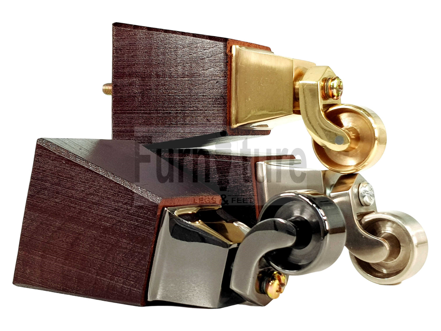 4x Block Wood Furniture Legs With Castor 8mm Thread For Chairs Settees Sofa 150mm High Mahogany