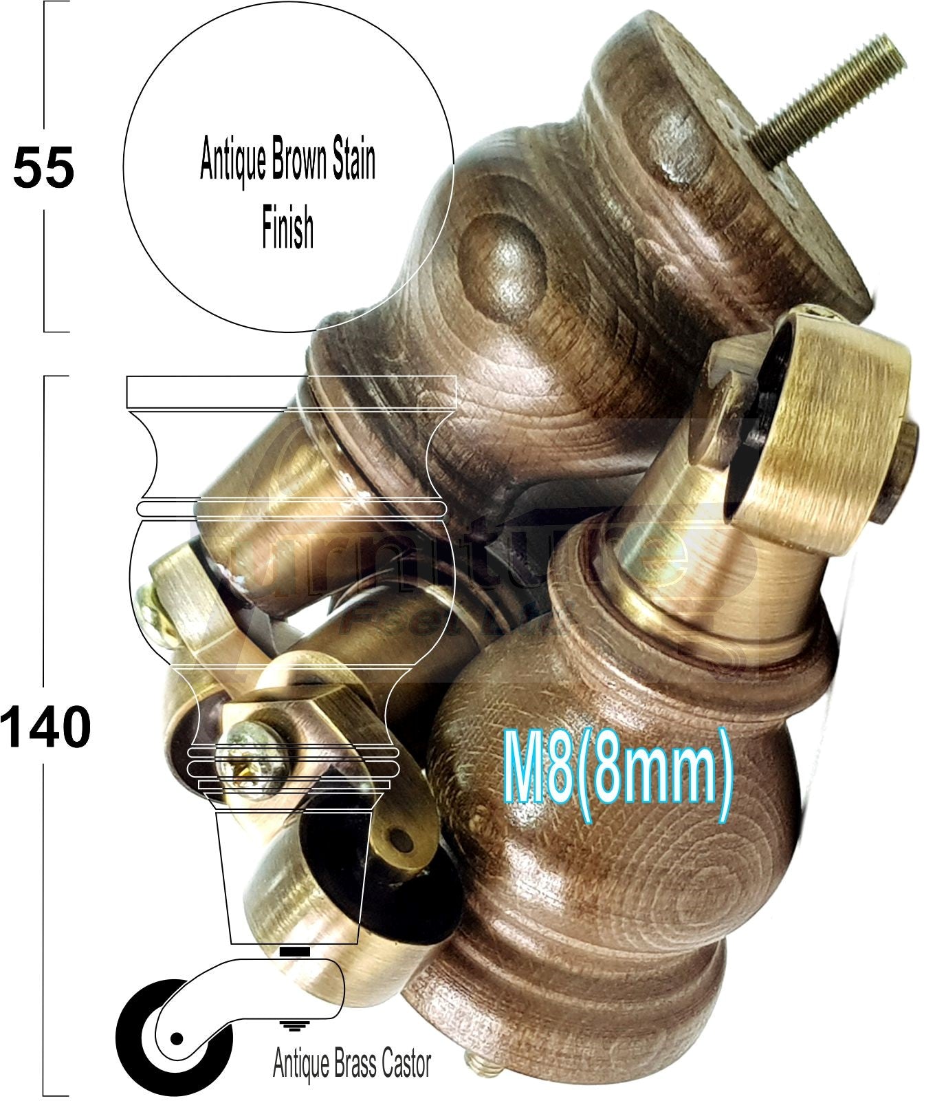 Set Of 4 Turned Wood Furniture Legs With 150mm High Castor 8mm Thread For Chairs Settees & Cabinets Antique Brown Stain