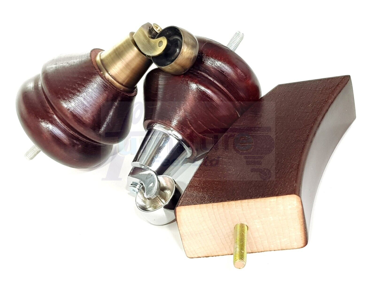 Turned Wood Furniture Feet 2 With Castors 140mm & 2 Curved Back Legs Sofas Chairs Stools Cabinets Beds M10(10mm)