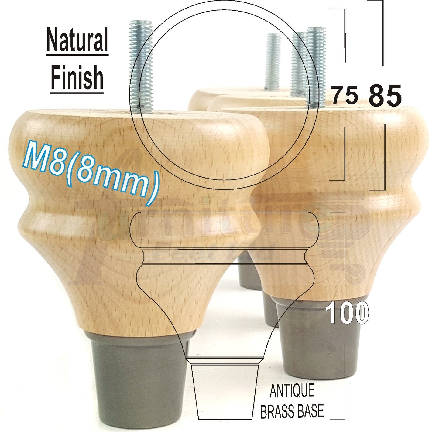 4x Turned Wood Furniture Feet M8(8mm) With Slipper Cup Chair Sofa Settee Legs 110mm