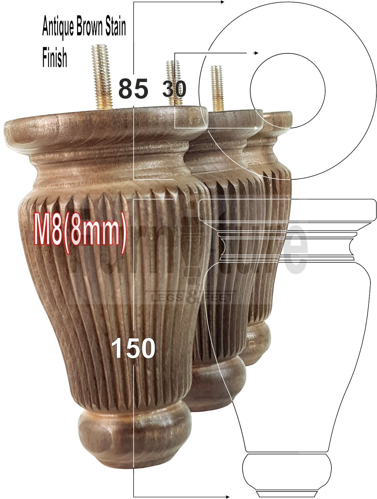 4 Solid Wood Traditional Turned Furniture Legs Replacement Bun Feet 150mm High Multiple Colours Chairs Stools Sofas Beds Settee Cabinets M8