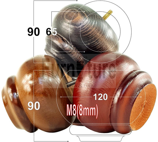 Set Of 4 Turned Wooden Furniture Legs Replacement Feet 90mm High 8mm Thread