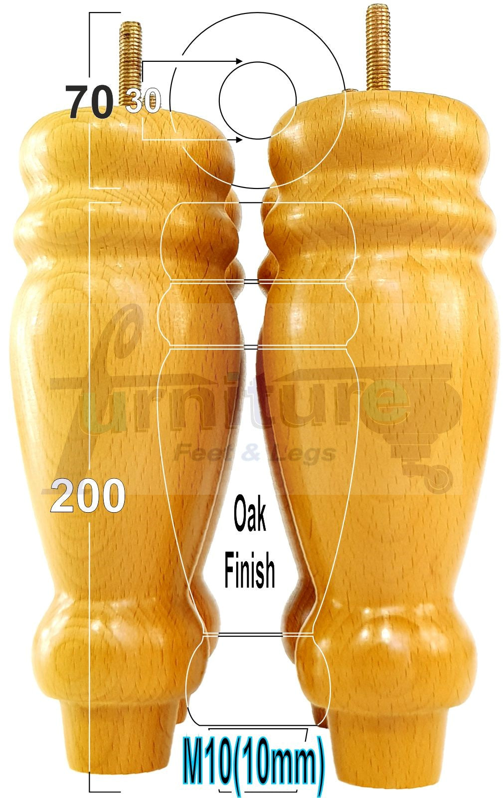 Set Of 4 Turned Furniture Legs Replacement Sofa Feet 200mm Hight M10 Thread