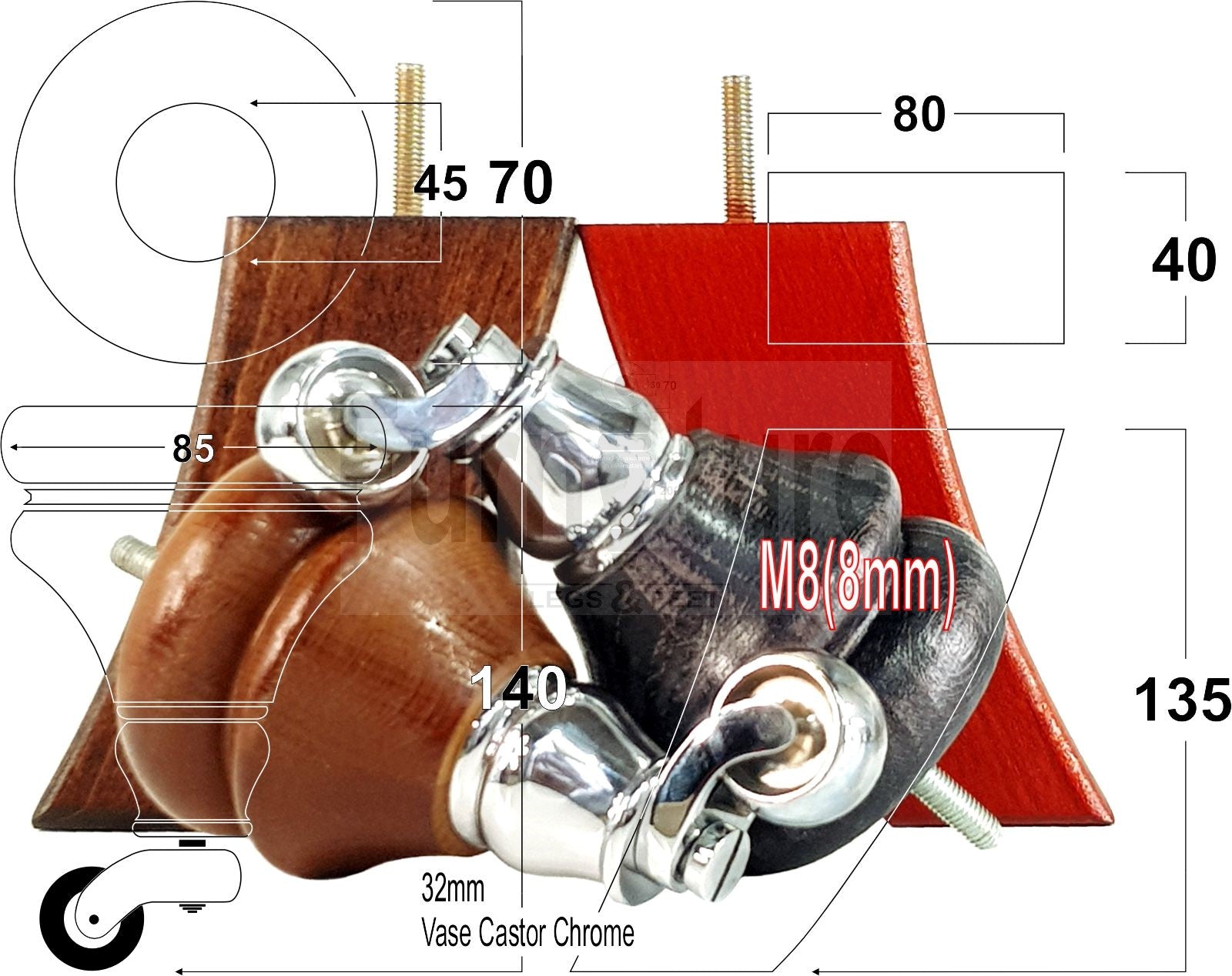 Turned Wood Furniture Feet 2 With Chrome Castors 140mm & 2 Curved Back Legs Sofas Chairs Cabinets Beds M8