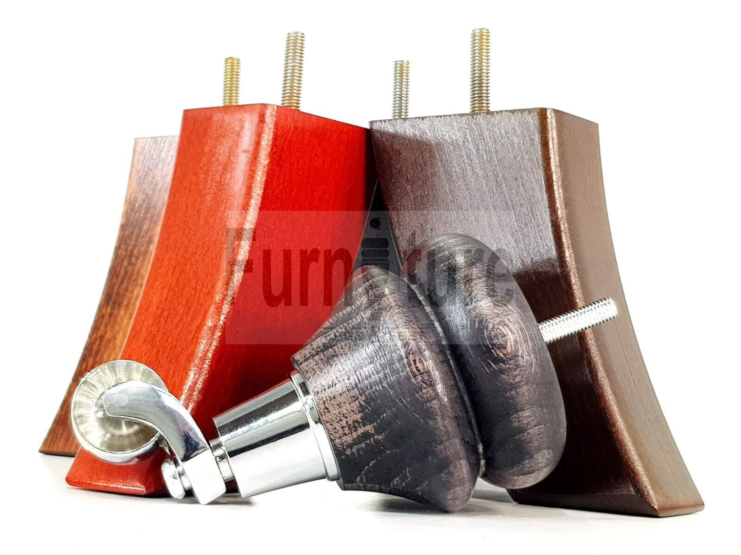 Turned Wood Furniture Feet 2 With Chrome Castors 140mm & 2 Curved Back Legs Sofas Chairs Stools Cabinets Beds M8