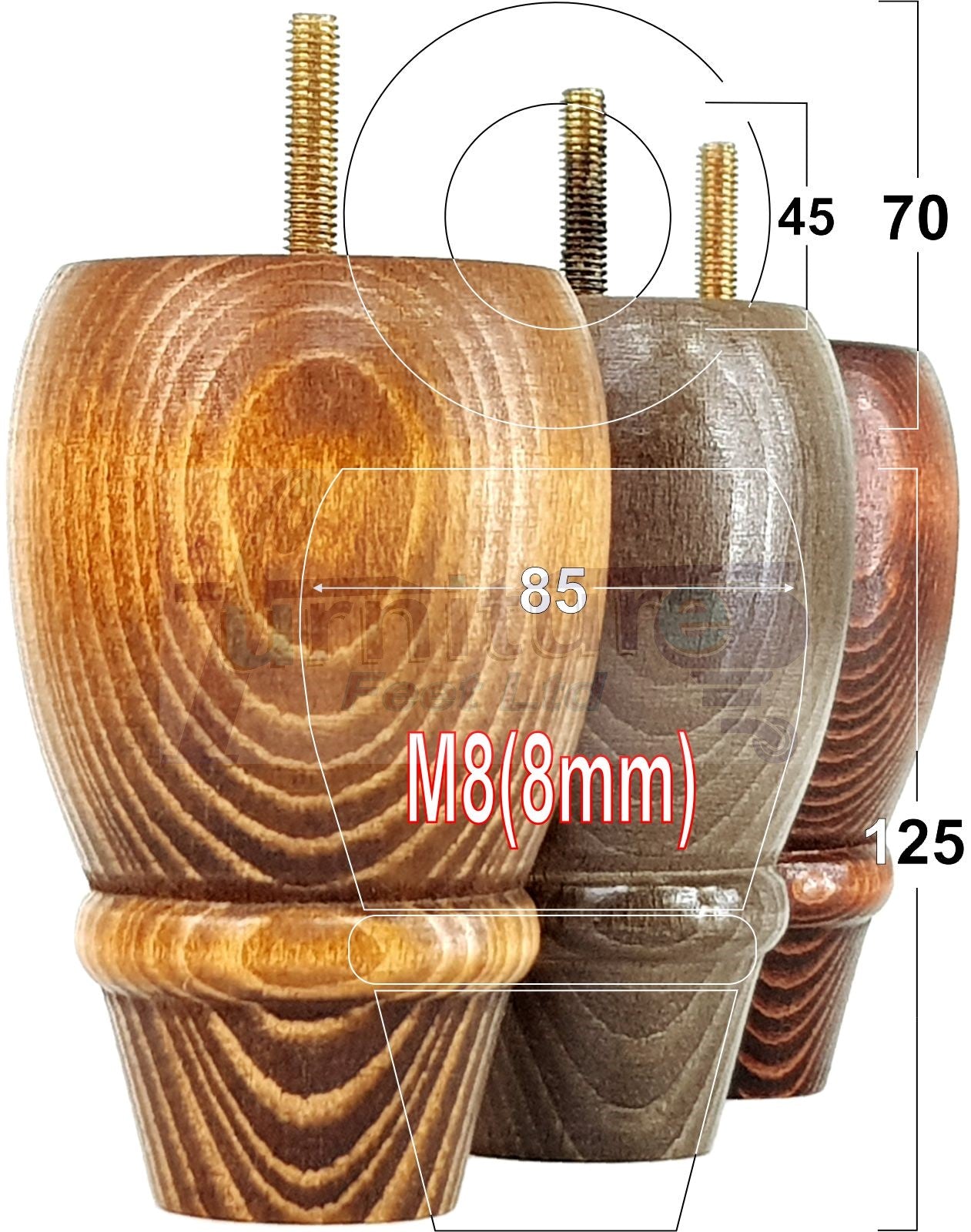 SET OF 4 REPLACEMENT FURNITURE BUN FEET TURNED WOODEN LEGS 125mm HIGH FOR SETTEE CHAIRS SOFAS FOOTSTOOLS M8 (8mm) PKC342