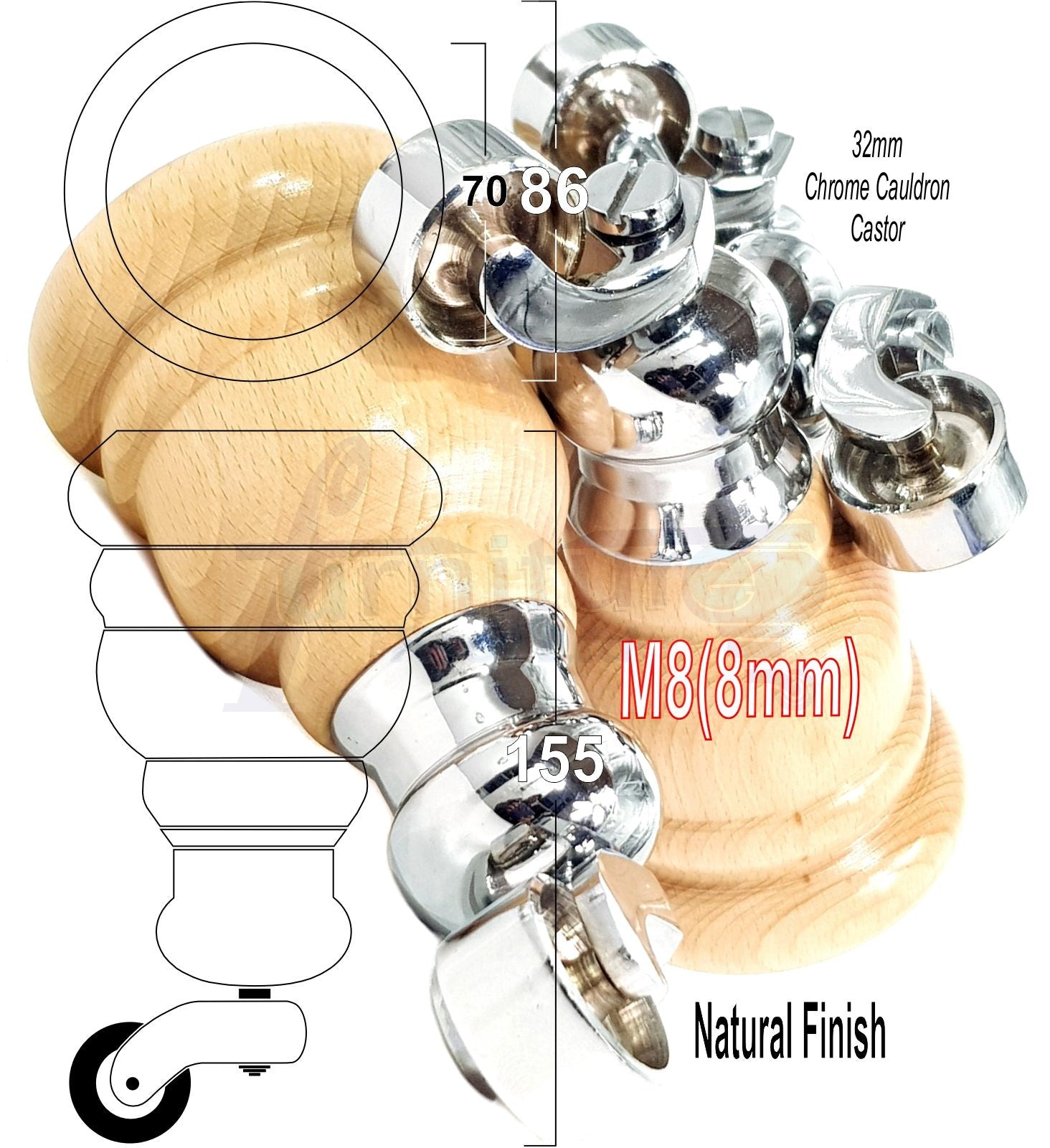 4 Turned Wood Furniture Feet With Chrome Cauldron Castors 155mm Legs Sofas Chairs Stools Cabinets Beds M8 6 Inches