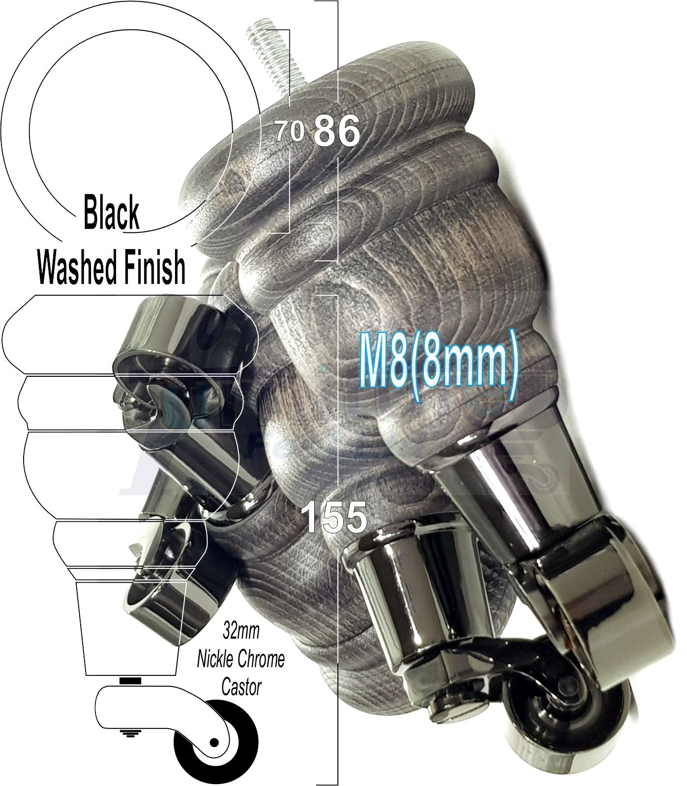 4 Turned Wood Furniture Feet With Black Chrome Castors 155mm Legs Sofas Chairs Stools Cabinets Beds M8 6 Inches