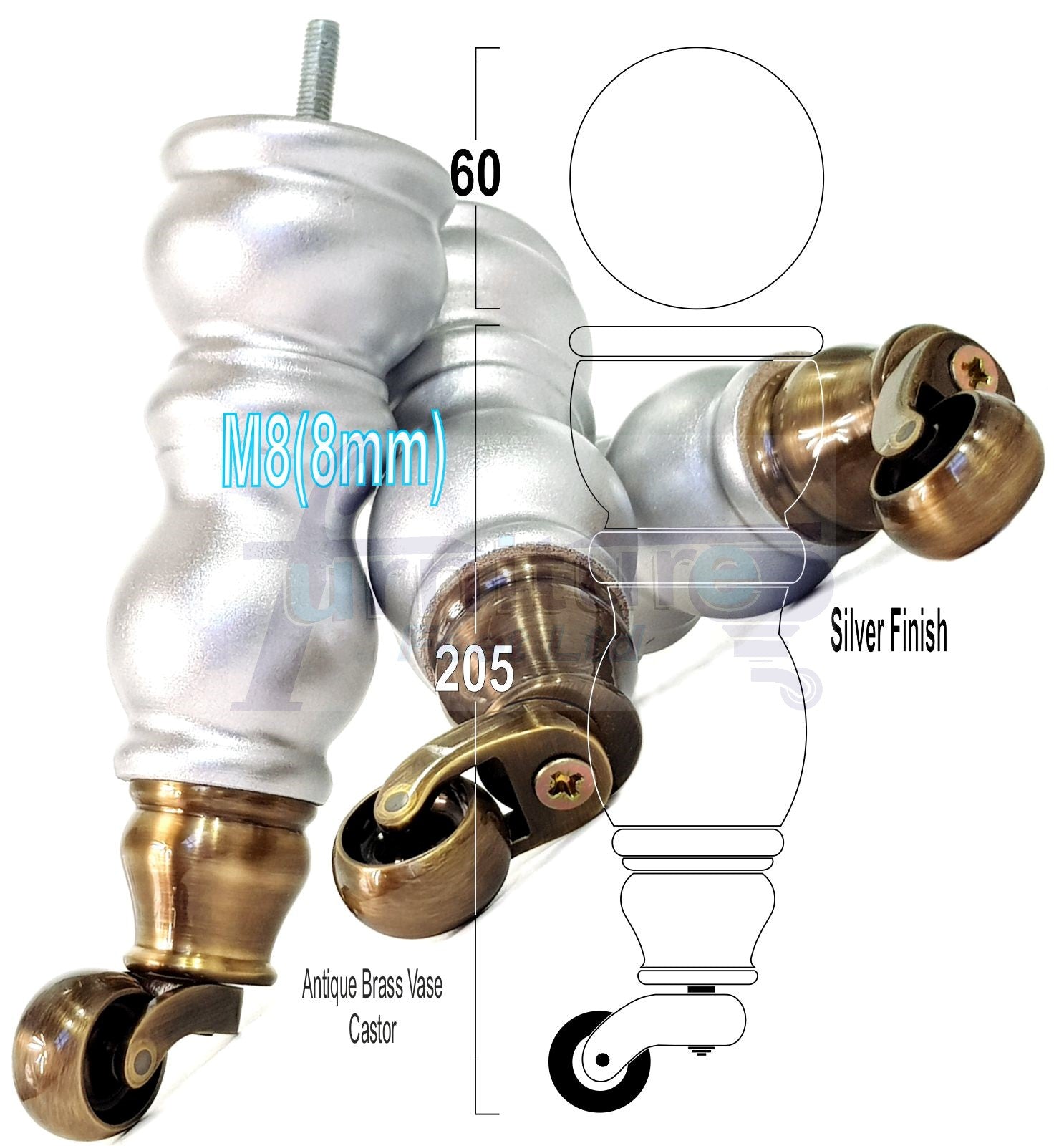 4x Furniture Feet With Castor 205mm High Legs Silver Wood M8 Sofas Chairs Stools Cabinets 8 Inches Tall