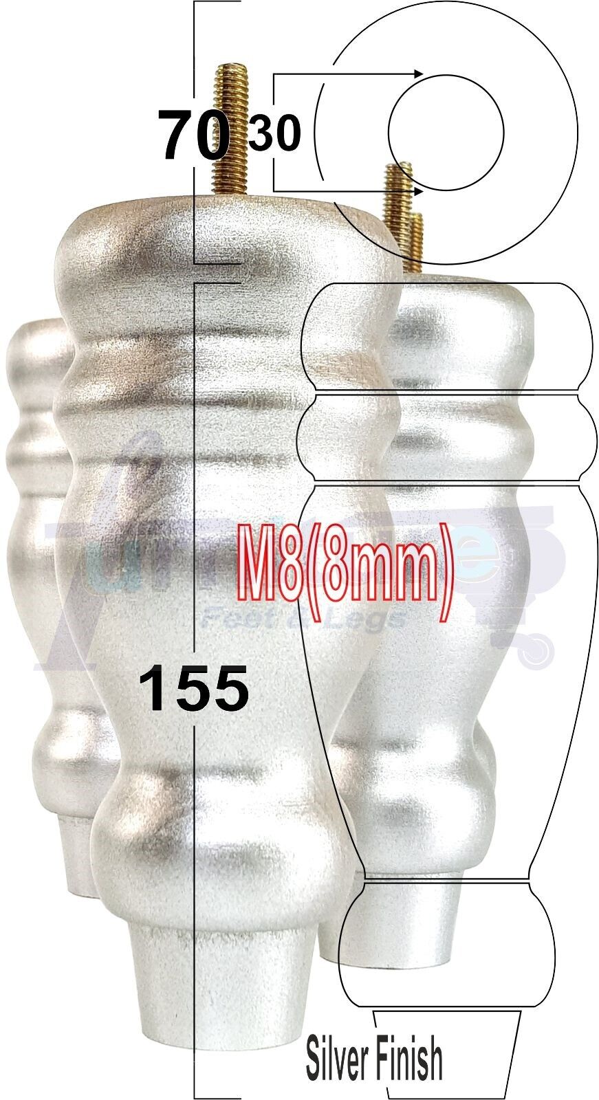 Set Of 4 Turned Wood Furniture Replacement Feet 155mm High 8mm Tread