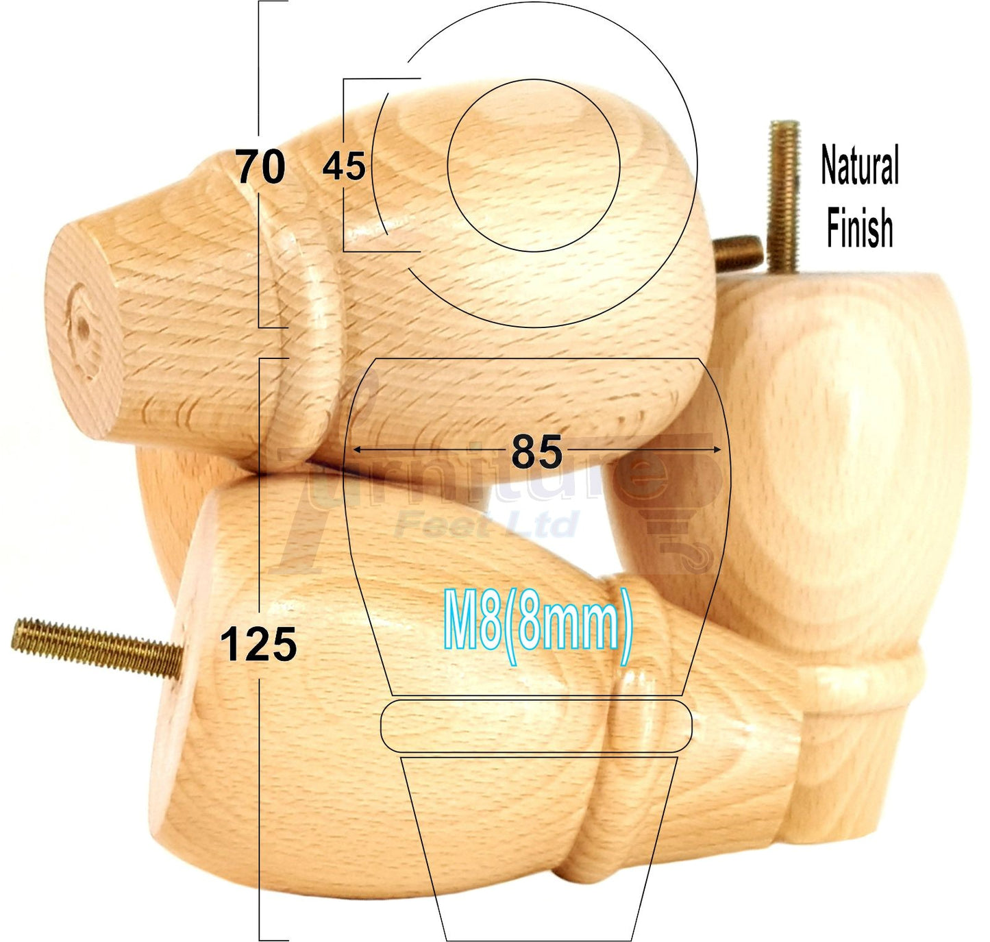 SET OF 4 REPLACEMENT FURNITURE BUN FEET TURNED WOODEN LEGS 125mm HIGH FOR SETTEE CHAIRS SOFAS FOOTSTOOLS M8 (8mm) PKC342