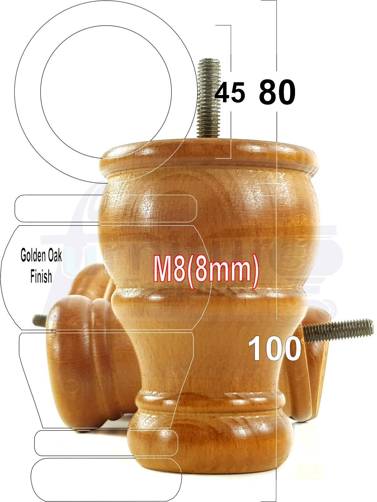 4 Turned Wood Furniture Chair Legs M8 Replacement Sofa Settee Chair Bed Feet 100mm High