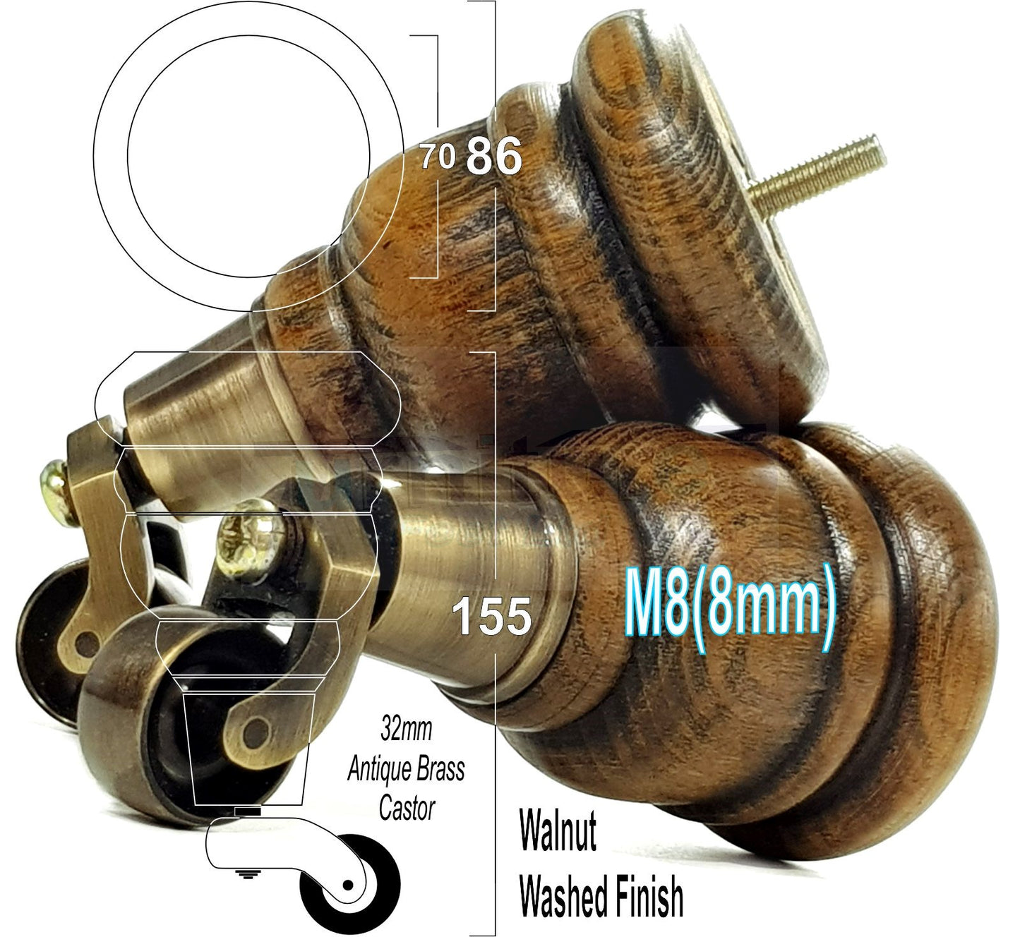 4 Turned Wood Furniture Feet With Antique Brass Castors 155mm Legs Sofas Chairs Stools Cabinets Beds M8 6 Inches