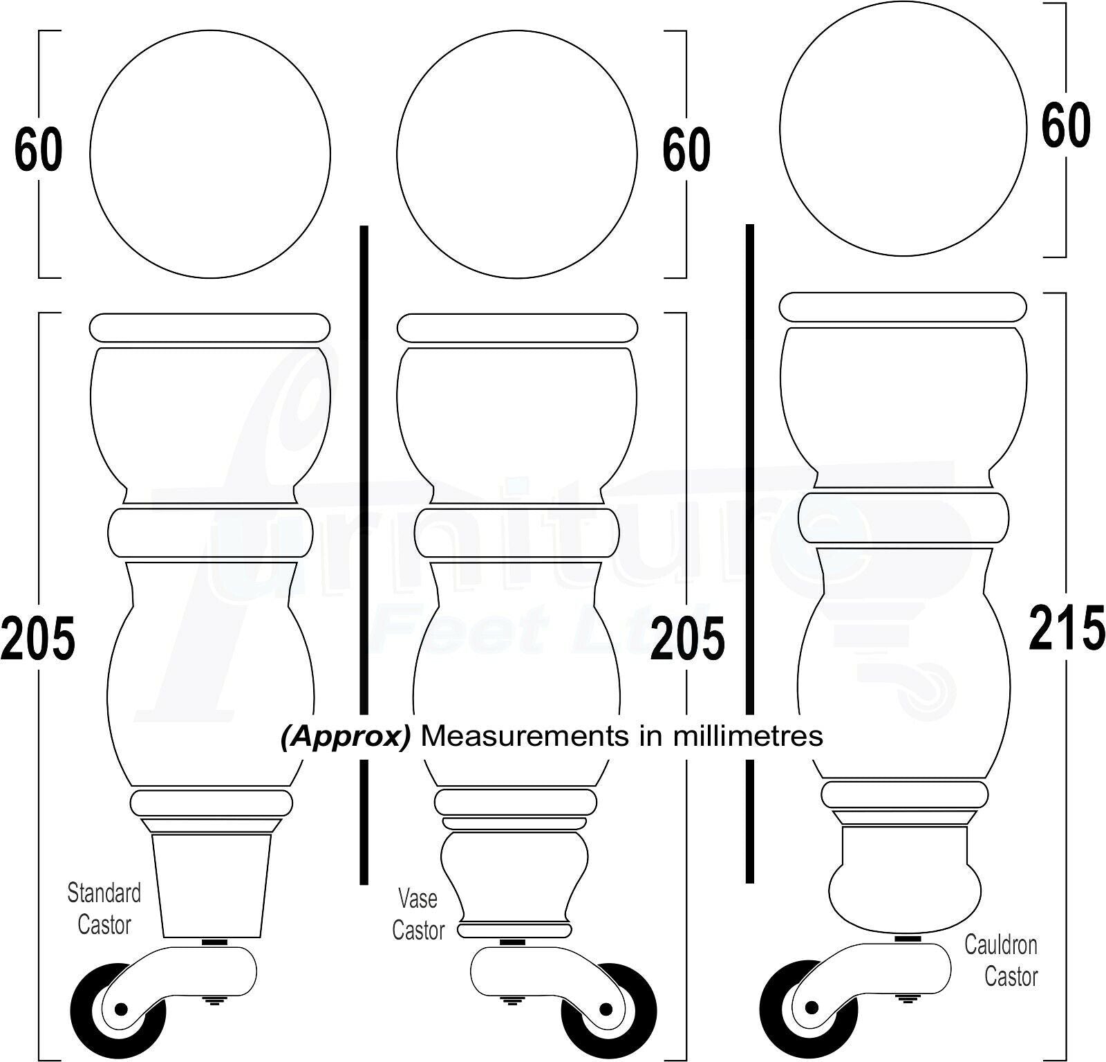 4x Furniture Feet With Castor 205mm High Legs Dark Oak Wood M8 Sofas Chairs Stools Cabinets 8 Inches Tall