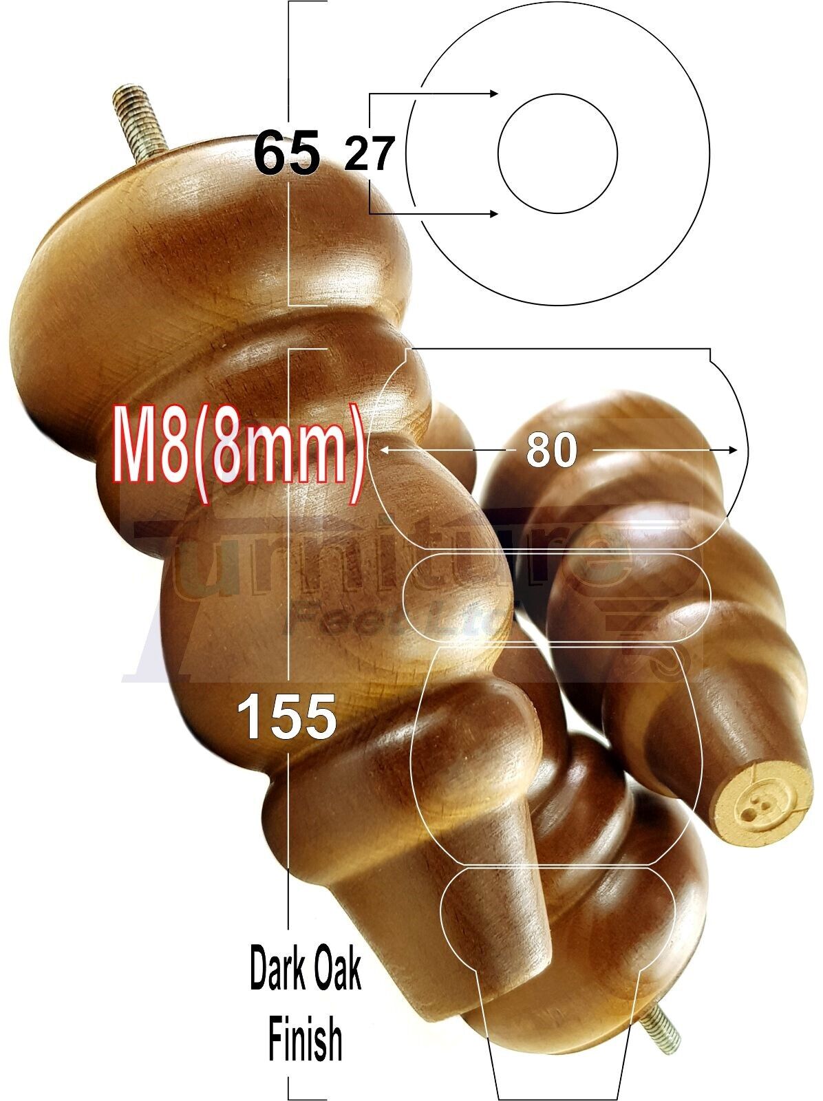 4 Solid Turned Wood Furniture Sofa Leg M8 Chair Settee Footstool Feet 155mm High