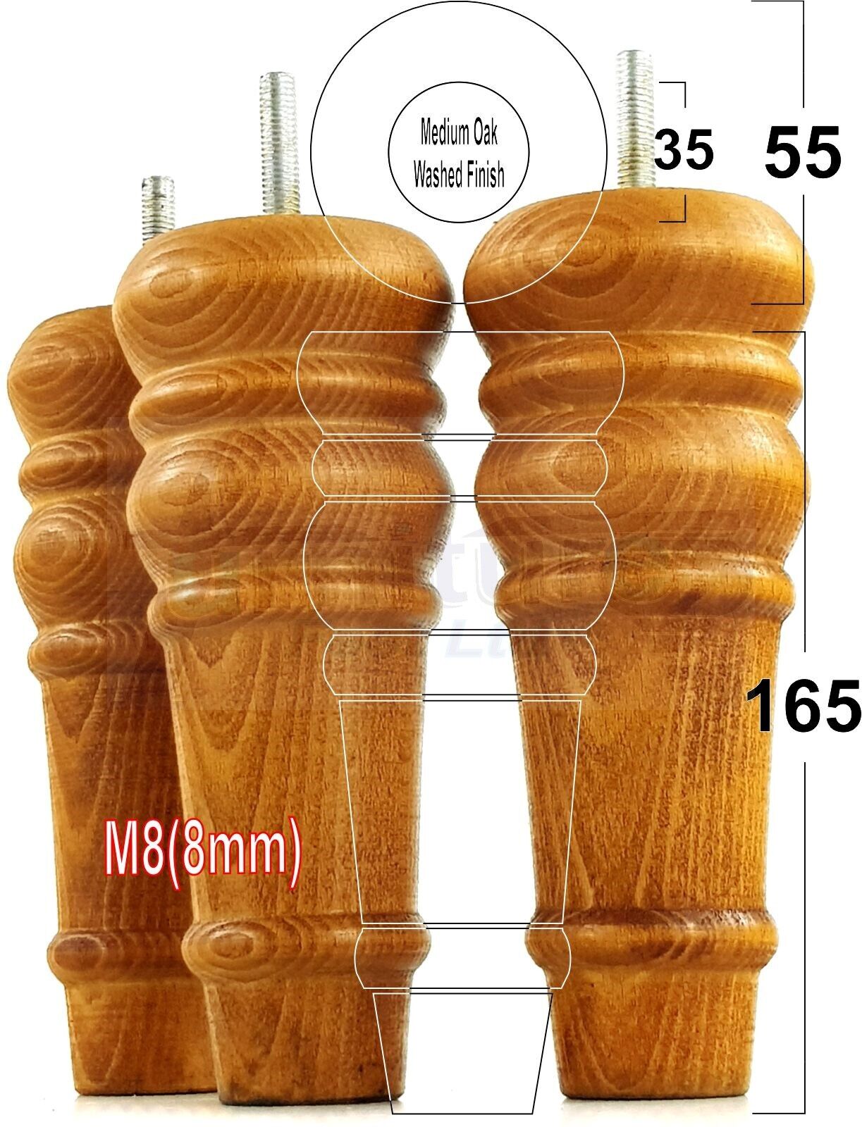 4 Wood Turned Furniture Legs Replacement Bun Feet 165mm High Multiple Colours 6.5 Inches Chairs Stools Sofa's Beds Settee Cabinets M8