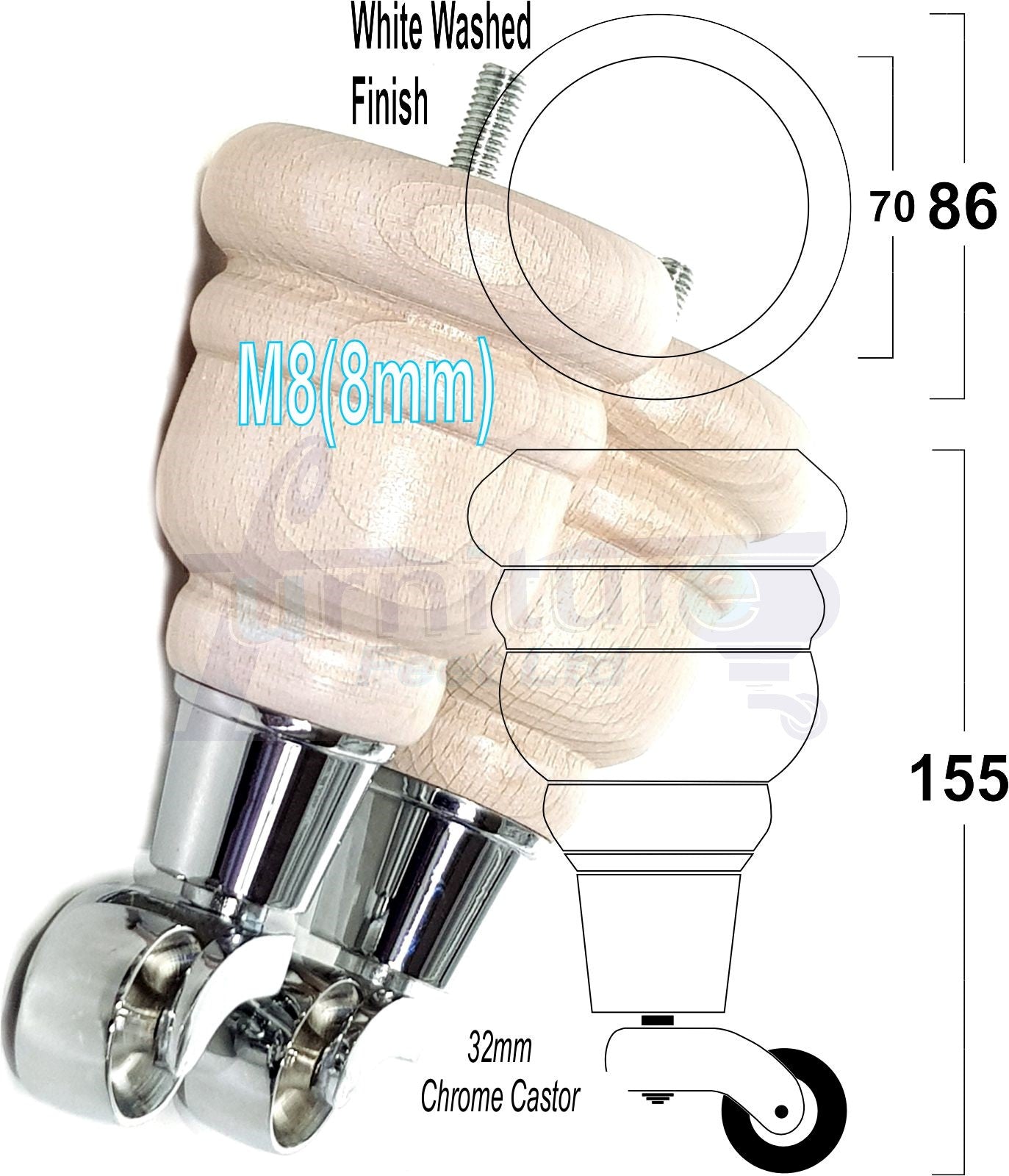 4 Turned Wood Furniture Feet With Chrome Castors 155mm Legs Sofas Chairs Stools Cabinets Beds M8 6 Inches