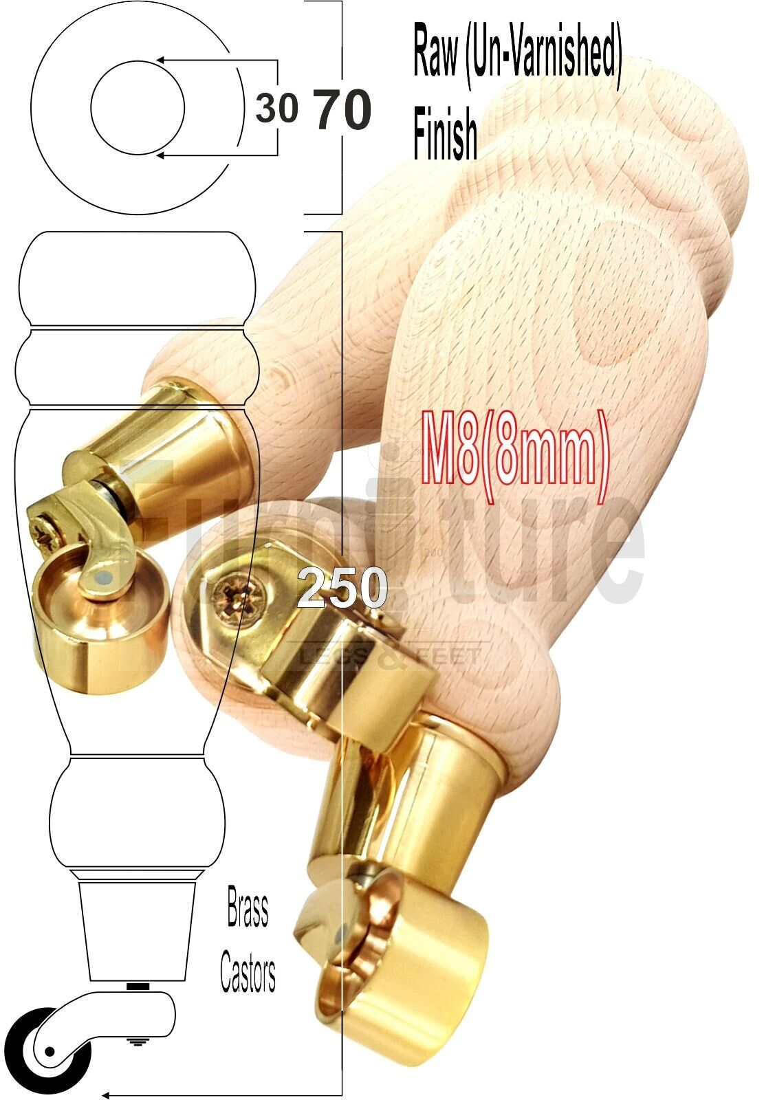 Set Of 4 Wooden Turned Replacement Furniture Legs 250mm High With Brass Castor Wheels 8mm Thread