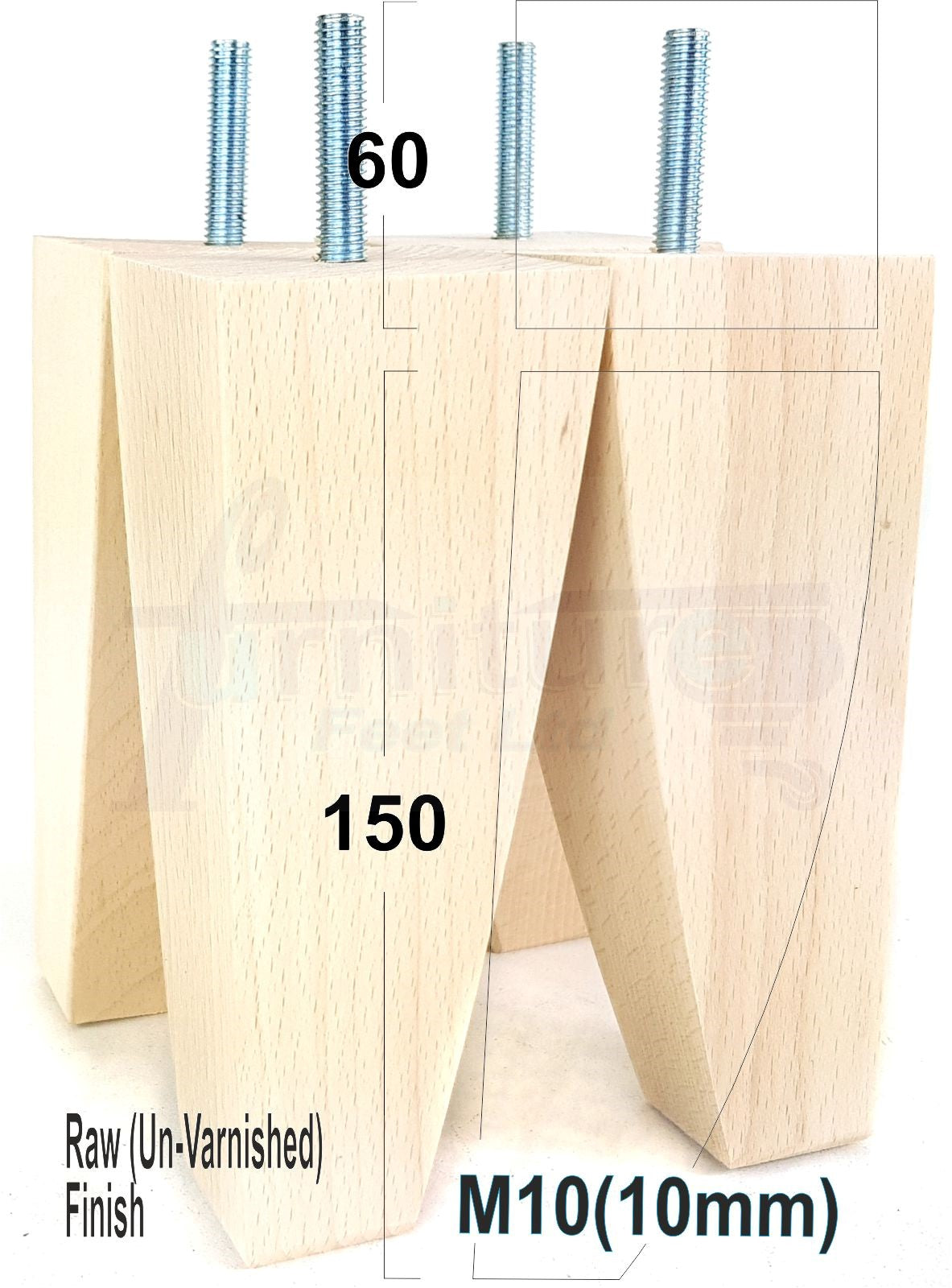 4x Tapered Square Furniture Legs Sofa Feet M10 Thread for Chairs, Settees 150mm High
