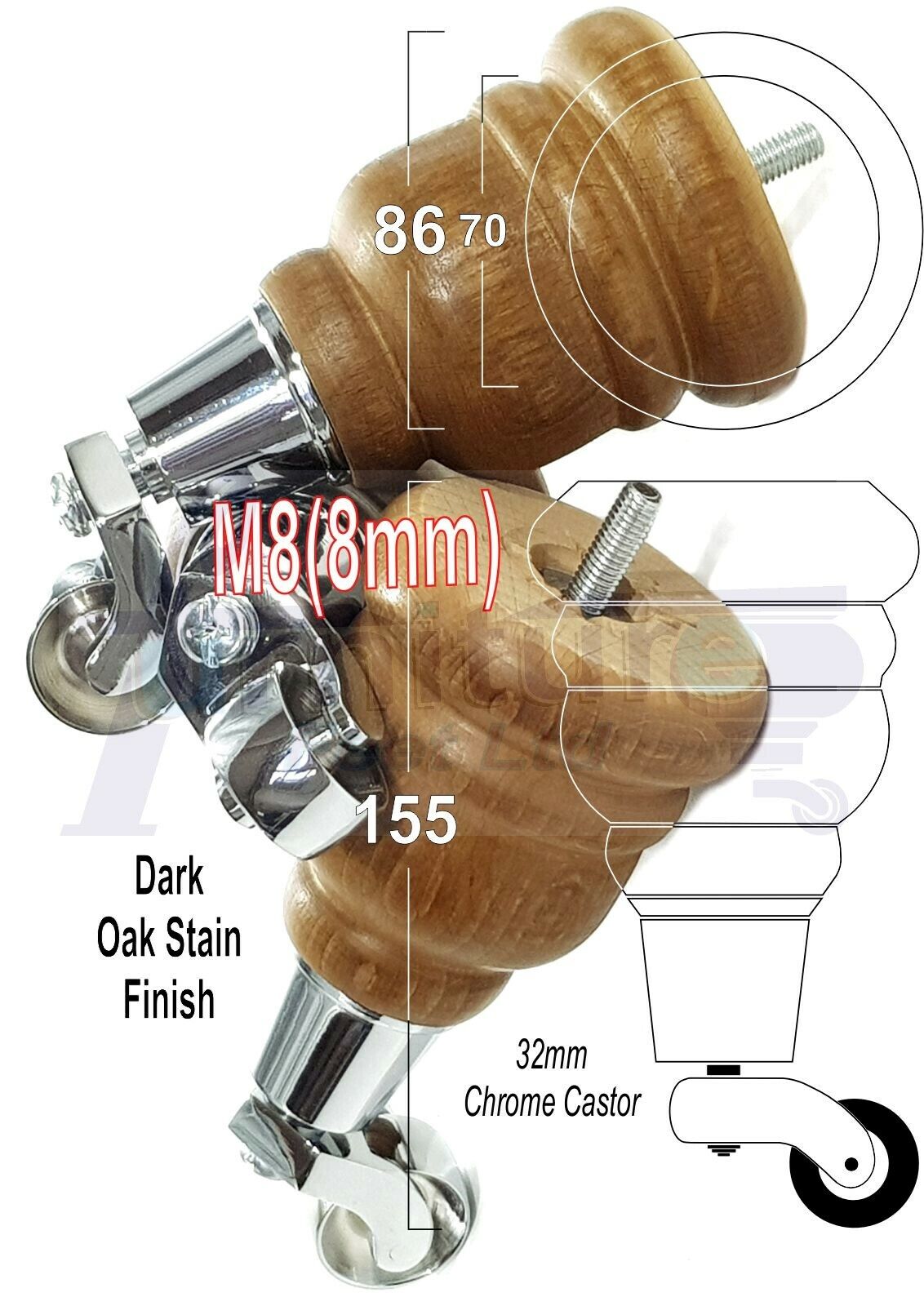 4 Turned Wood Dark Oak Stain Furniture Replacement Legs with Castors 155mm Legs M8 Fitting