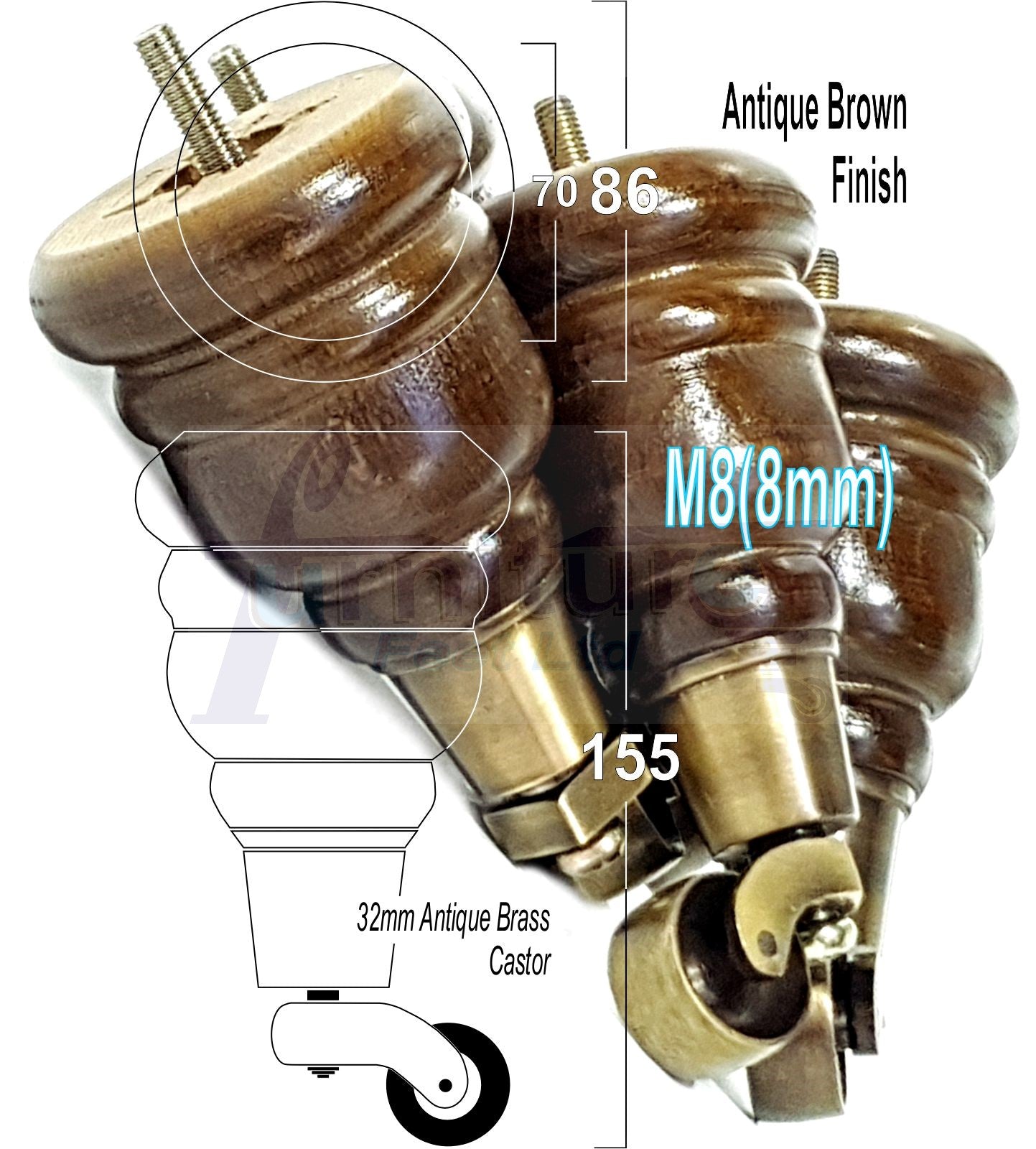 4 Turned Wood Furniture Feet With Antique Brass Castors 155mm Legs Sofas Chairs Stools Cabinets Beds M8 6 Inches