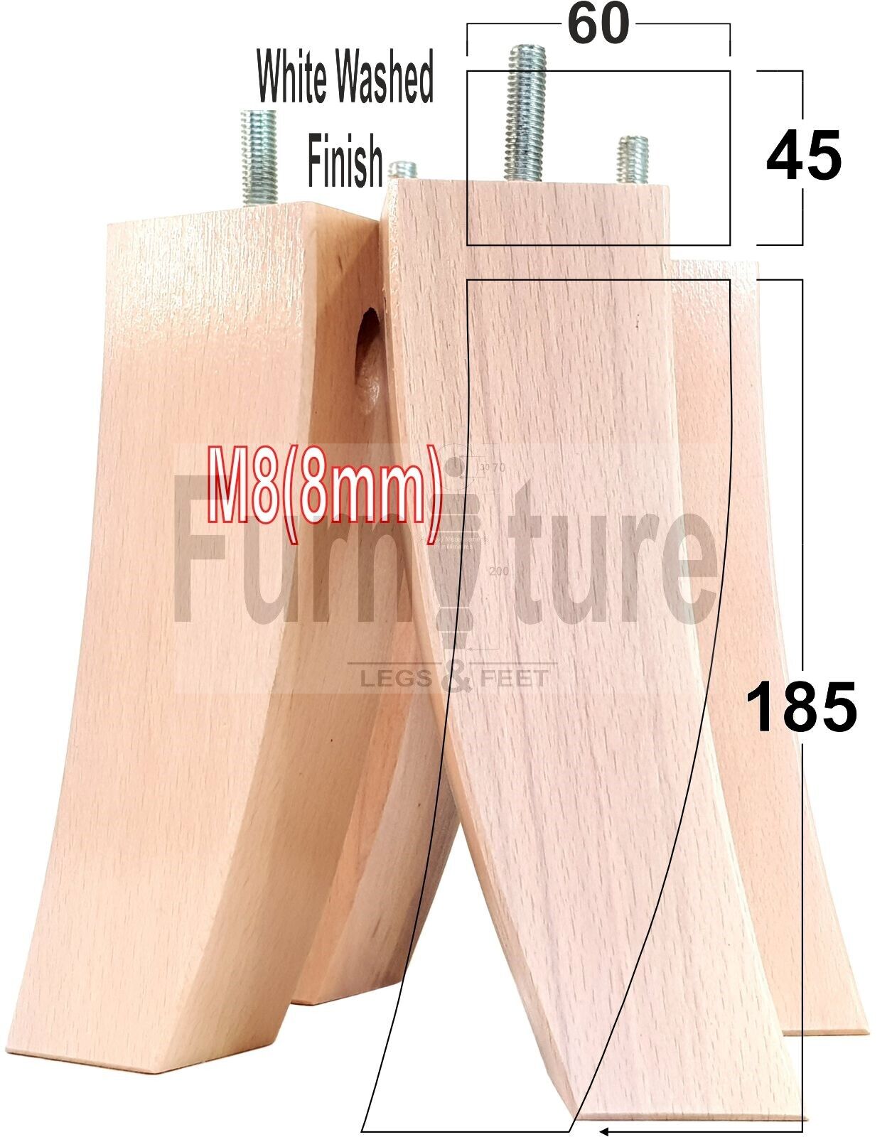 Set Of 4 Solid Wood Curved Furniture Feet Replacement Legs 185mm High M8(8mm)