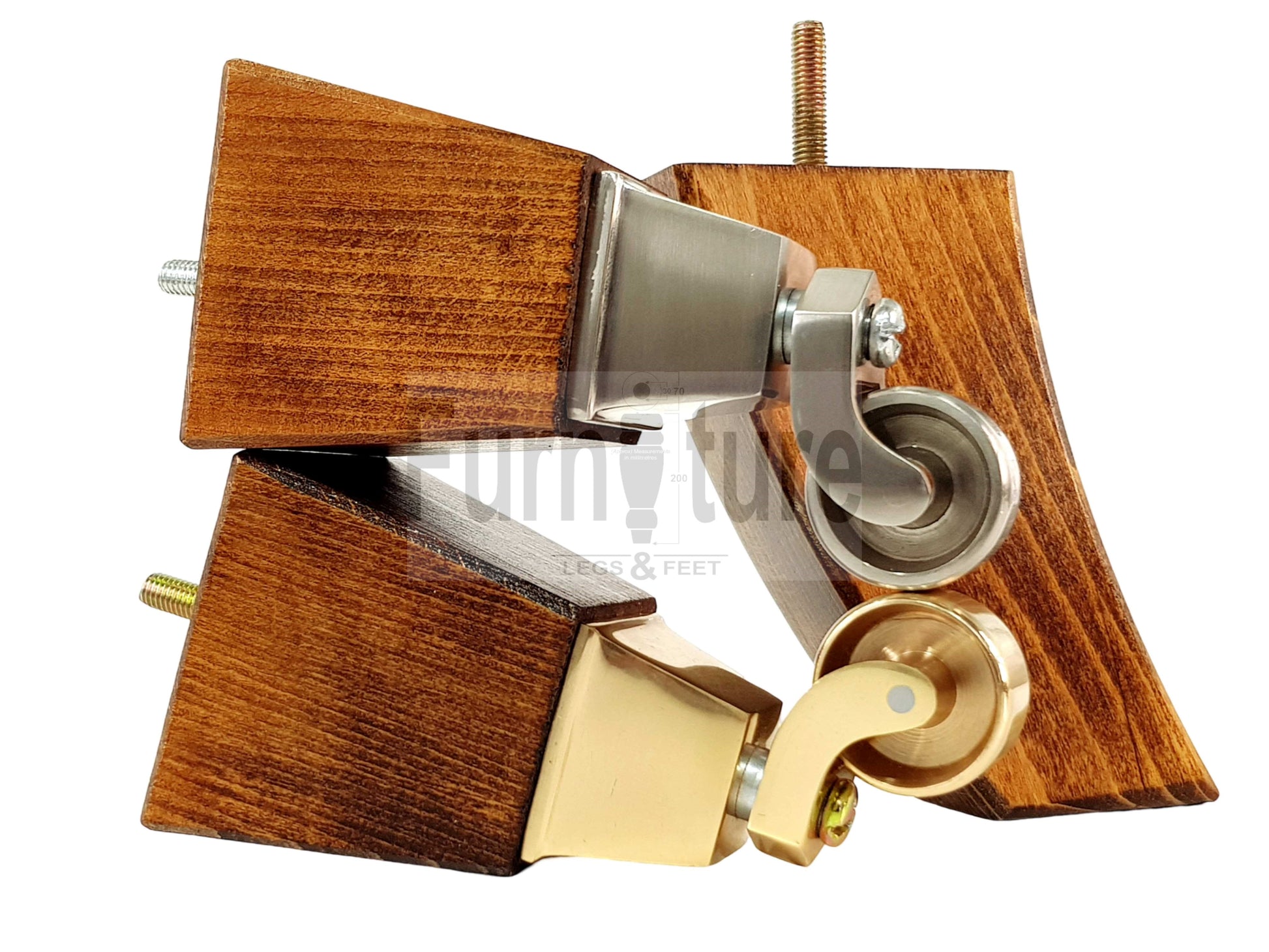 Set Of 4 Block Wood Furniture Feet With Antique Castor 8mm Thread For Chairs Settees Sofa 150mm High