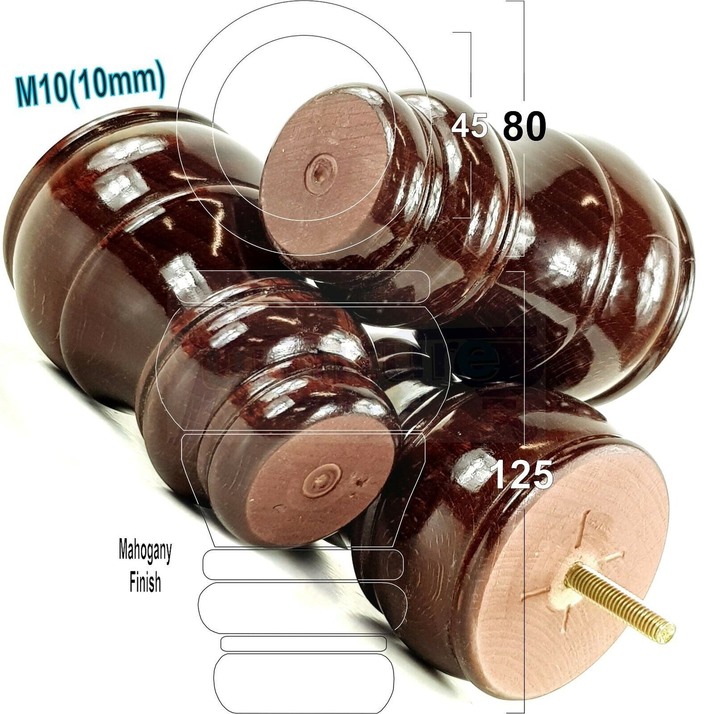 4 Turned Wood Furniture Legs M10 Thread Replacement Feet 125mm High Sofa Chairs Beds