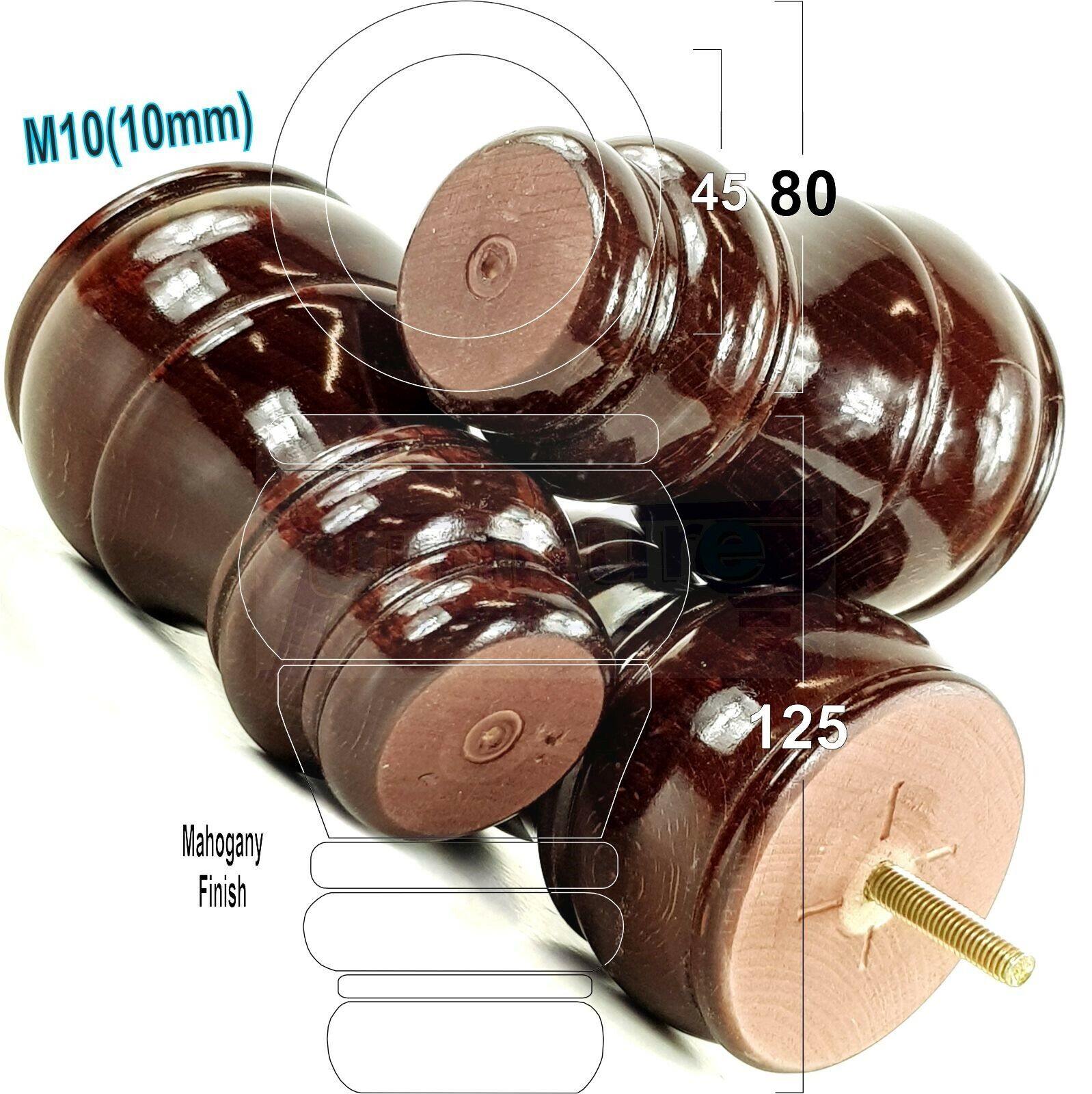 4 Turned Wood Furniture Legs M10 Thread Replacement Feet 125mm High Sofa Chairs Beds