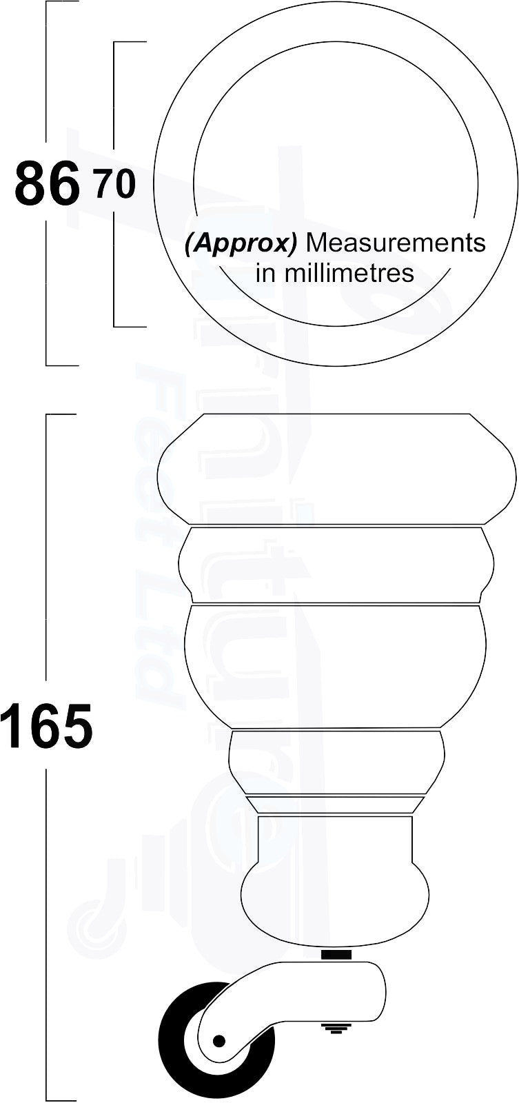 4 Turned Wood Furniture Feet With Chrome Cauldron Castors 155mm Legs Sofas Chairs Stools Cabinets Beds M8 6 Inches